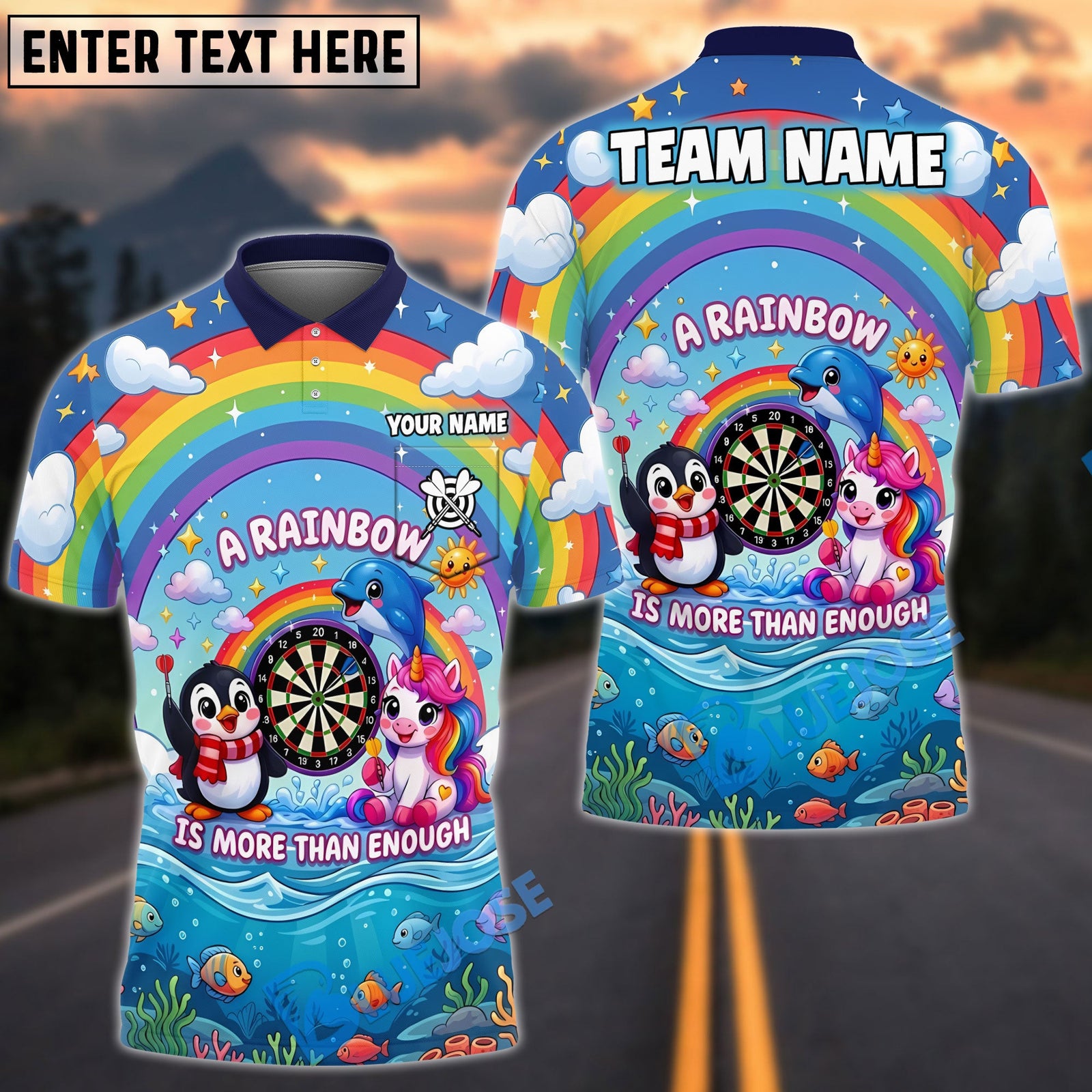 BlueJose Darts Cute Unicorn Penguin Dolphin Rainbow Fantasy Design Personalized Name Shirt