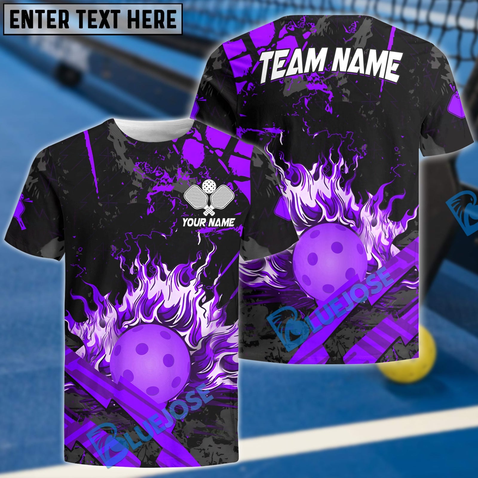 BlueJose Pickleball Grunge Flame Personalized Name, Team Name Unisex Shirt (4 Colors)