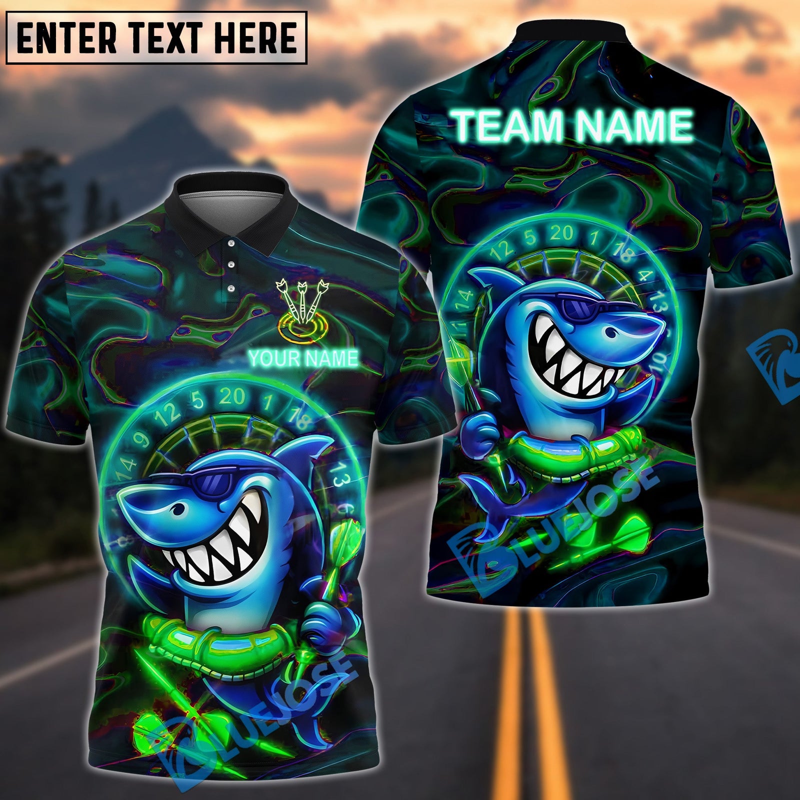 BlueJose Darts Neon Shark Dartboard Design Personalized Name, Team Name Shirt (4 Colors)