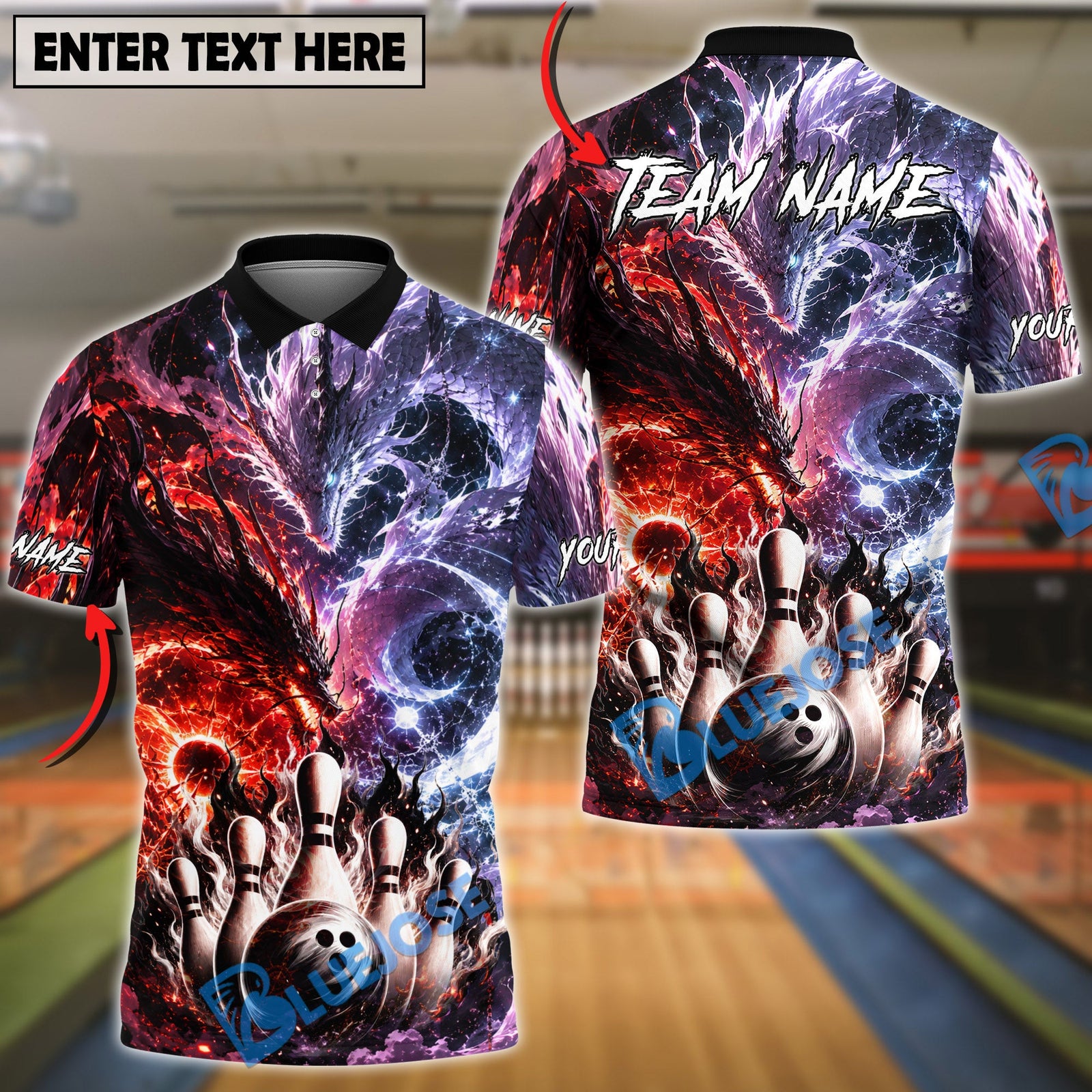BlueJose Bowling And Pins Fire Ice Dragon Strike Fantasy Customized Name, Team Name 3D Shirt (4 Colors)