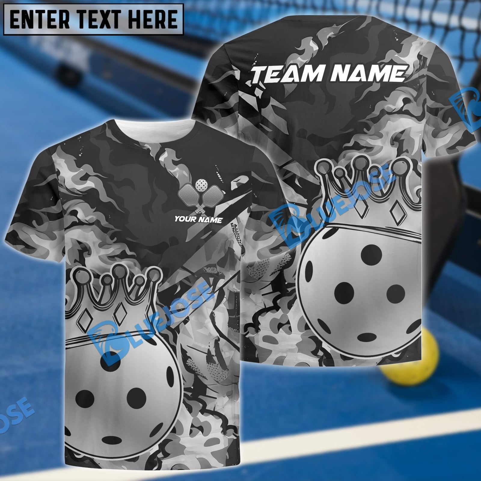 BlueJose Pickleball King Crown Golden Pattern Personalized Name, Team Name Unisex Shirt (4 Colors)