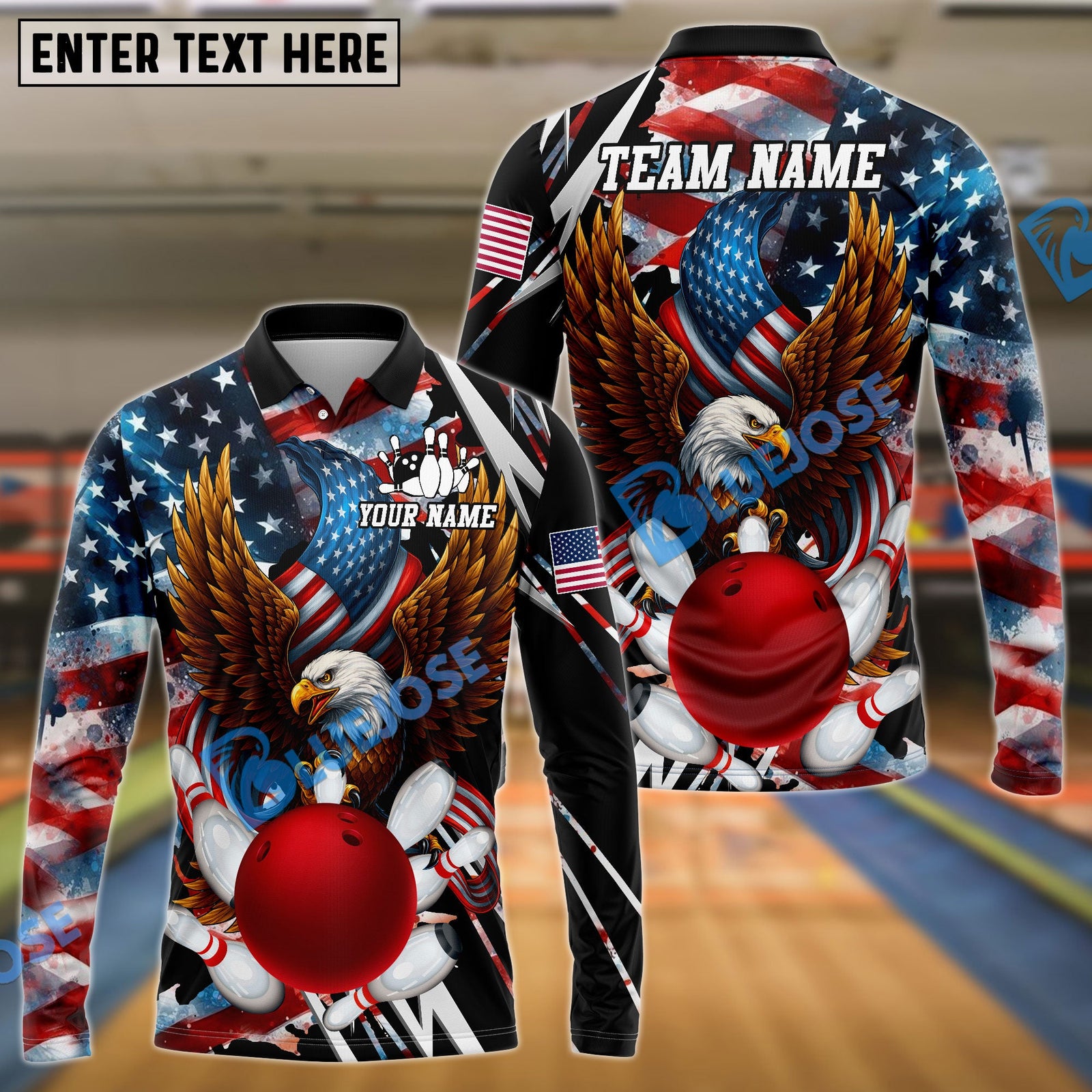 BlueJose Bowling American Eagle Patriotic USA Flag Strike Ball Design Personalized Name, Team Name 3D Shirt