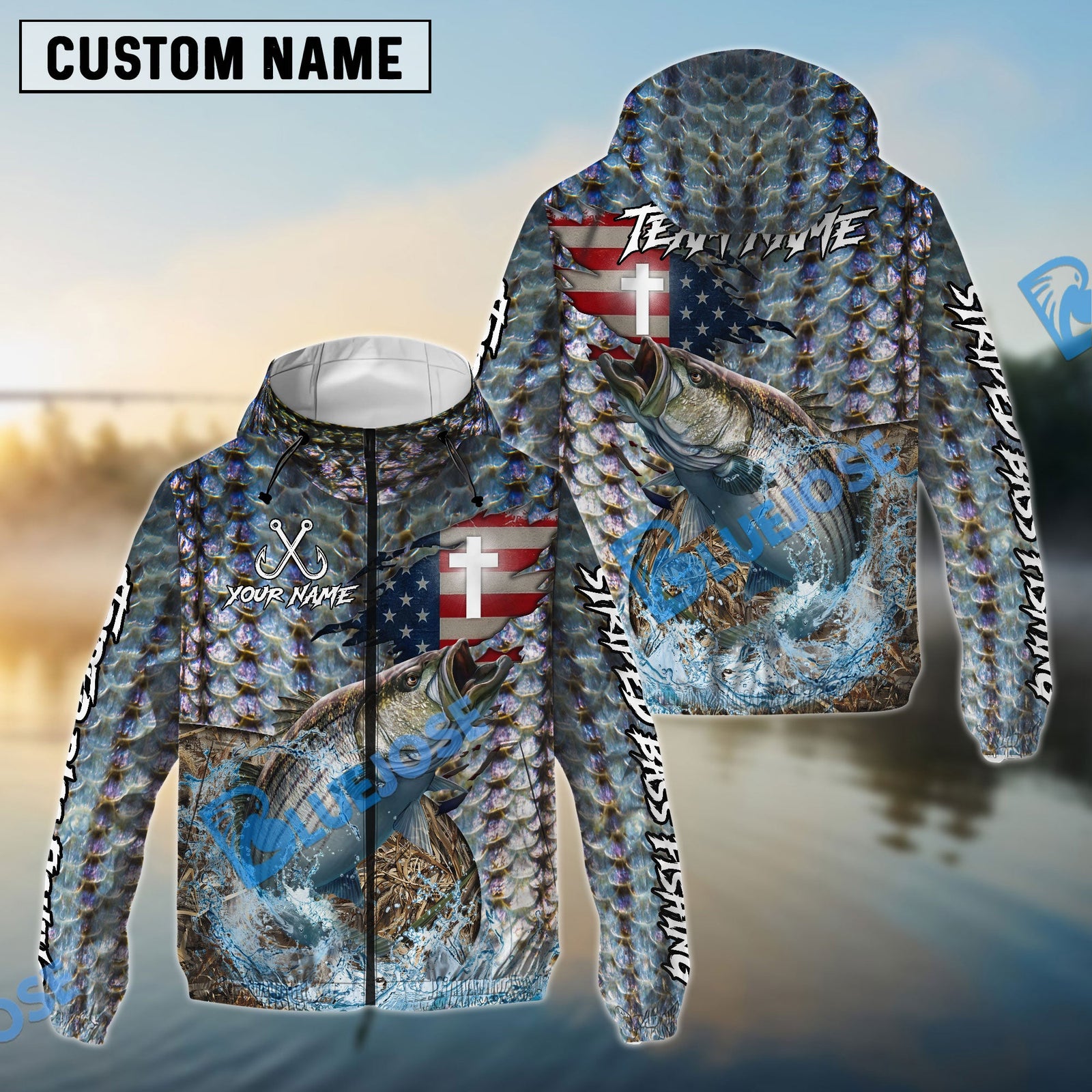 Bluejose Striped Bass Fishing American Flag Camo Cross Skin Custom Name & Team Name 3D Shirts
