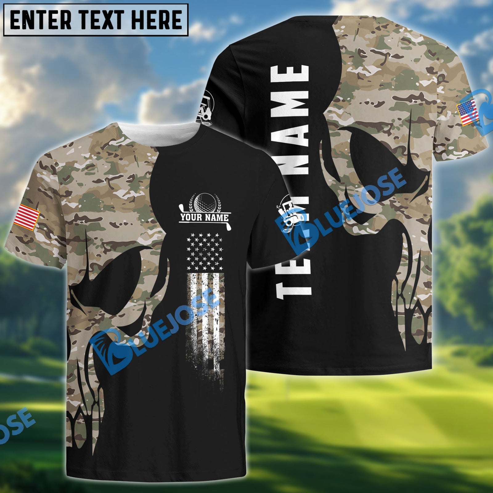 BlueJose Golf Skull Camo Customized Name, Team Name 3D Shirts (4 Colors)
