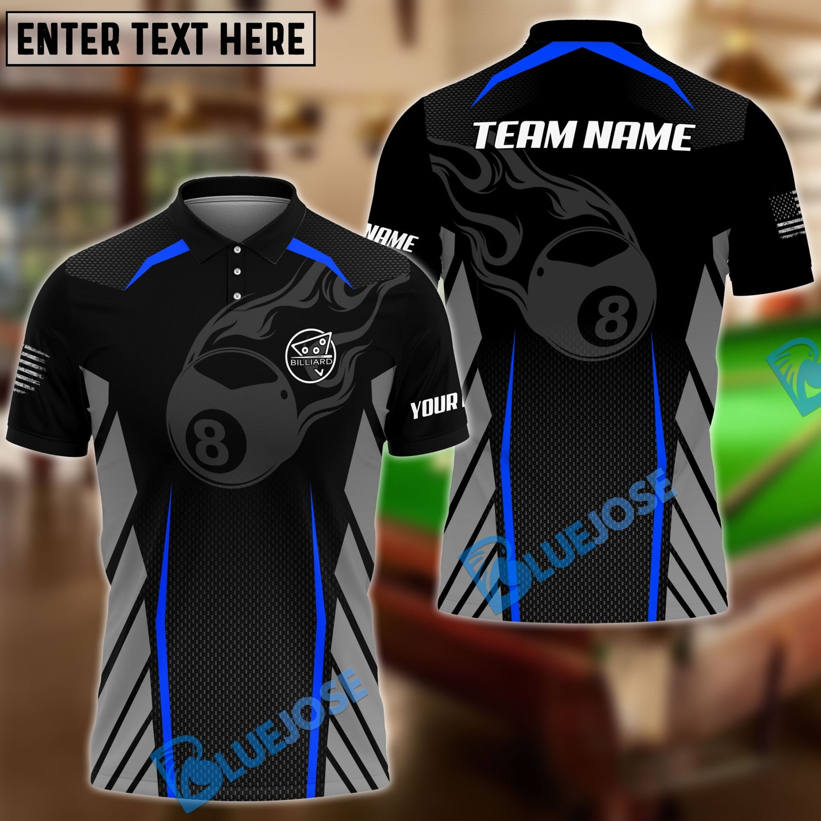 BlueJose Flame 8 Ball Billiards Personalized Name Shirt for Team (6 Colors)
