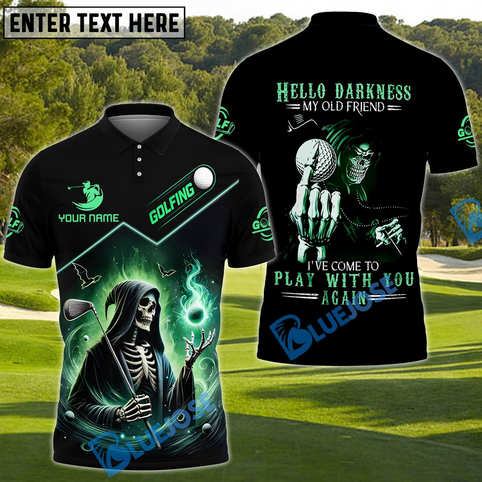 BlueJose Grim Reaper Golf Shirt – "Hello Darkness" Custom Name, Team Name 3D Shirts