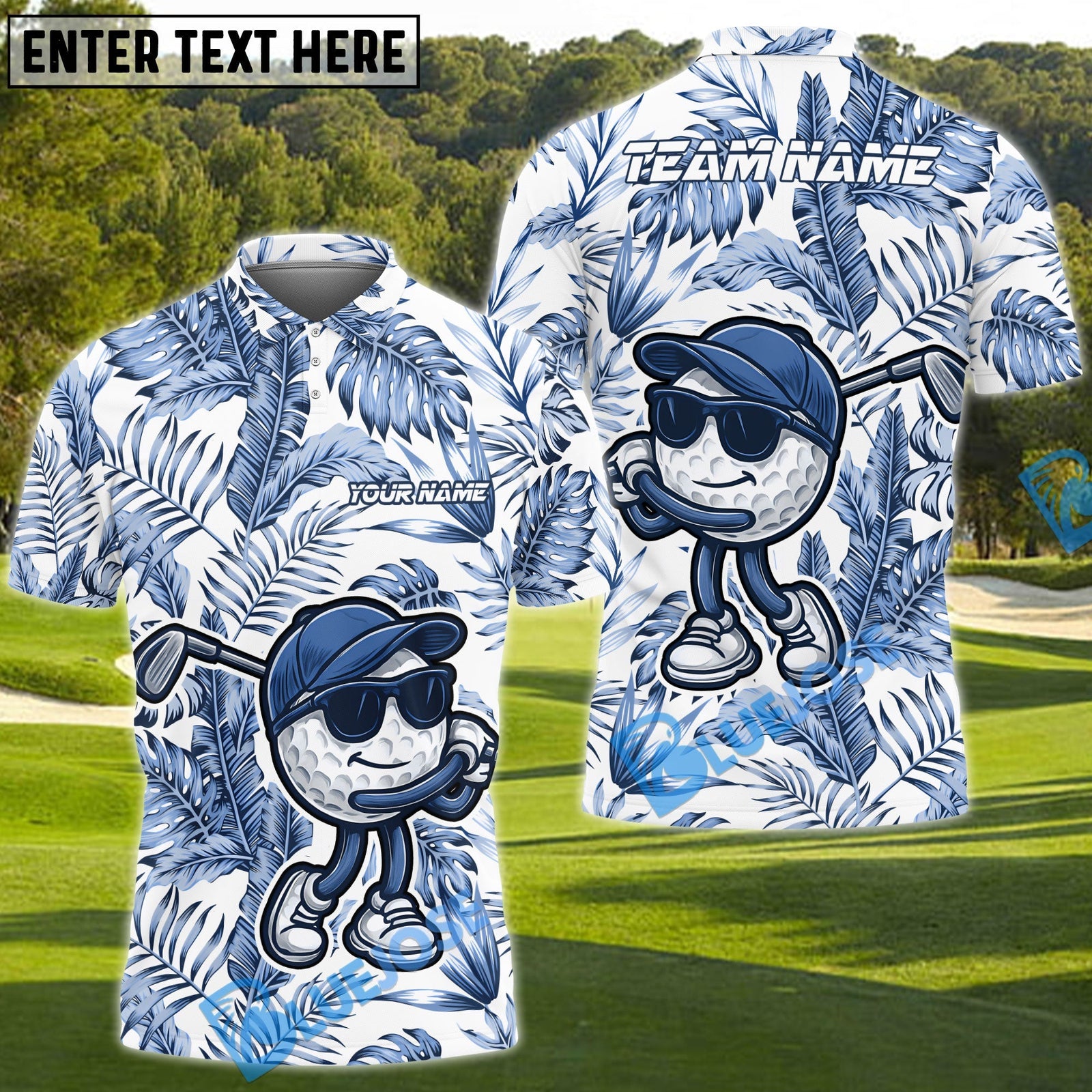 BlueJose Funny Golf Ball Tropical Leaf Customized Name, Team Name 3D Shirts (4 Colors)