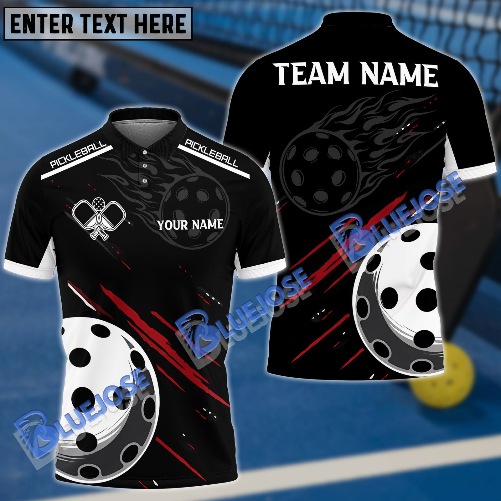 BlueJose Pickleball Fire Line Personalized Name, Team Name Unisex Shirt (3 Colors)
