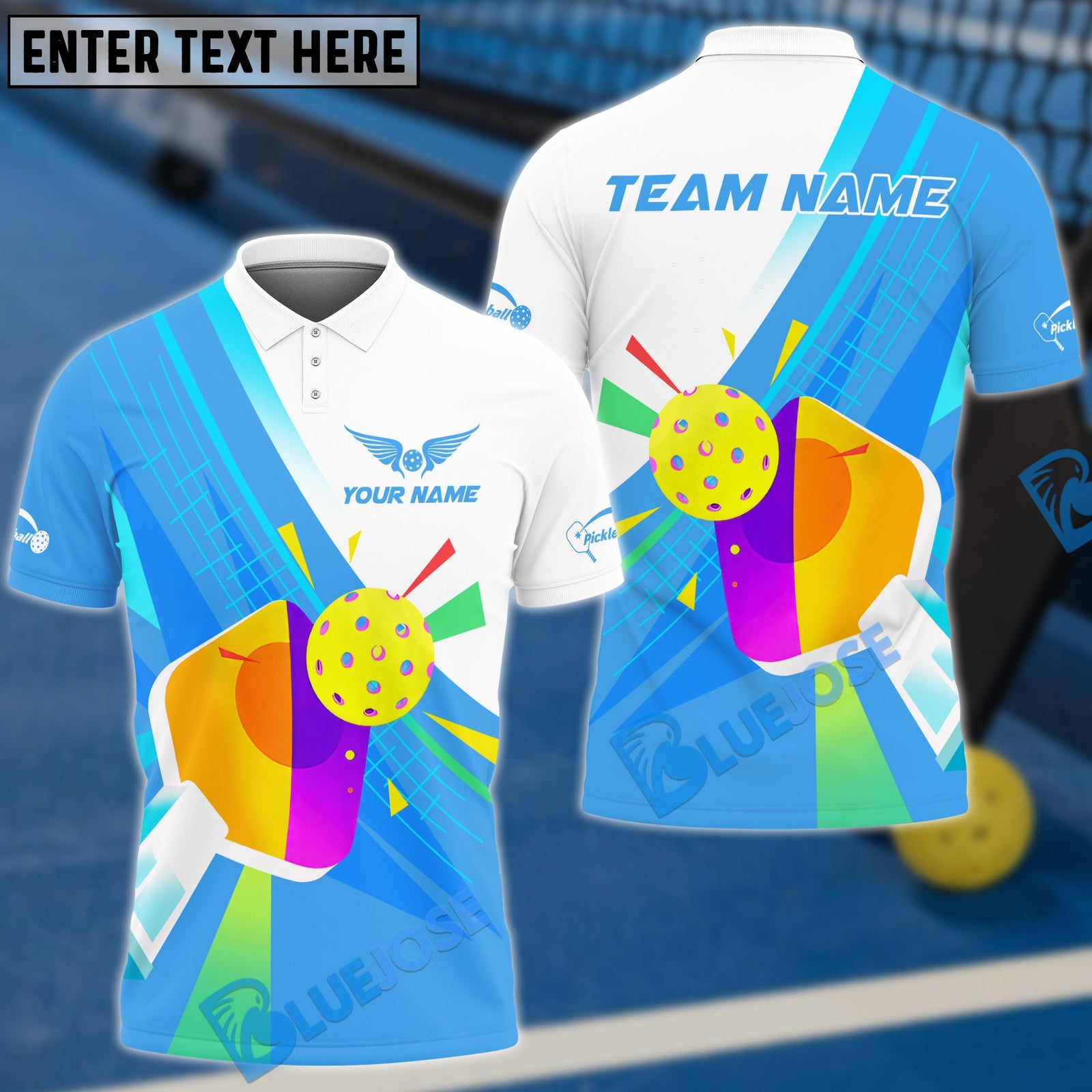 BlueJose Pickleball Colorful Swing Personalized Name, Team Name Unisex Shirt (4 Colors)