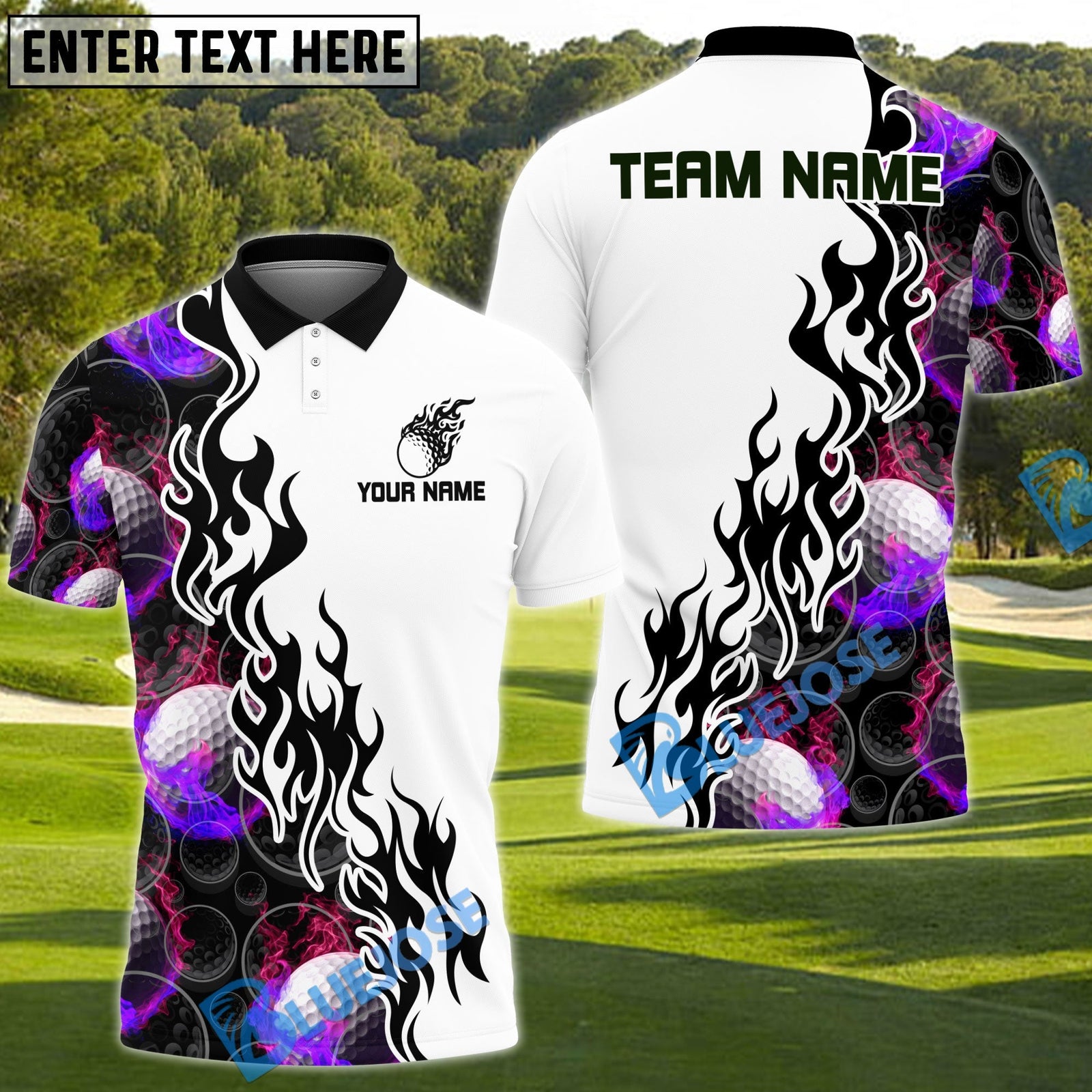 BlueJose Fireball Golf Shirt Customized Name, Team Name 3D Shirts (4 Colors)