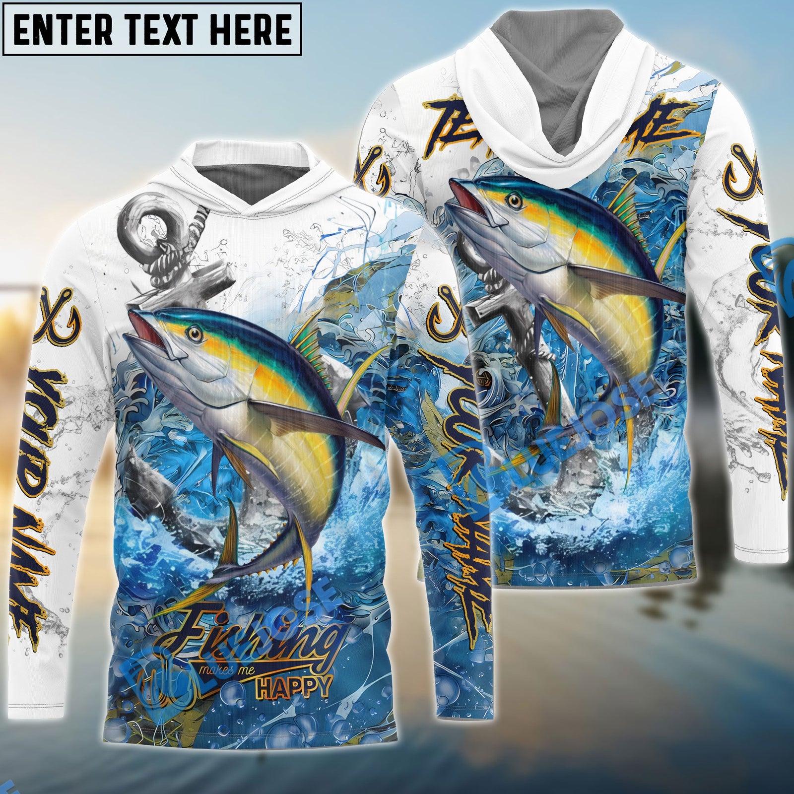 Bluejose Tuna Fishing Anchor Ocean Splash Design Name & Team Name 3D Shirts