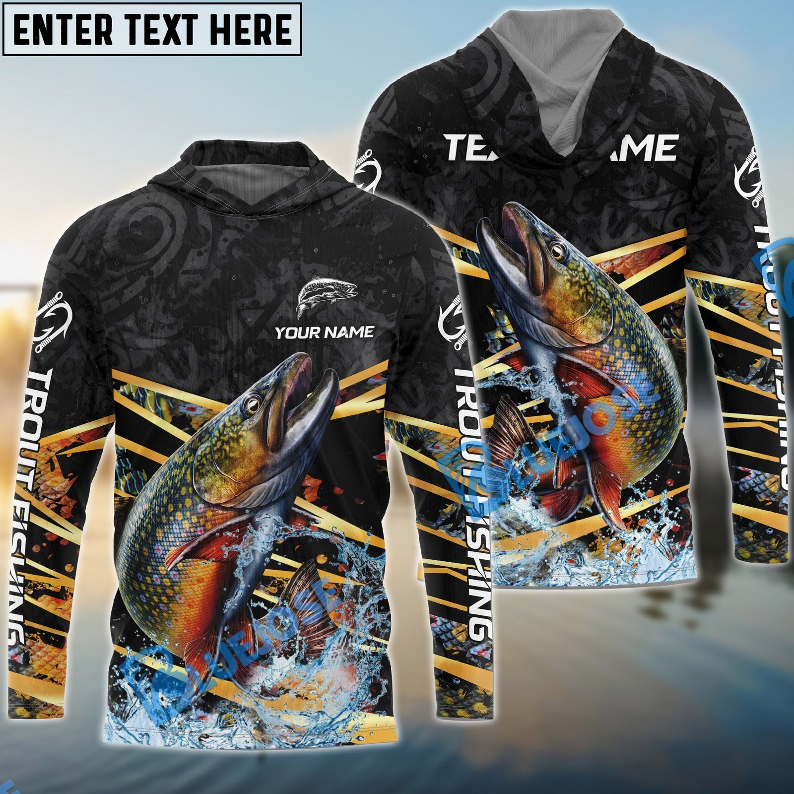 Bluejose Trout Fishing Black Gold Splash Dynamic Pattern Custom Name & Team Name 3D Shirts