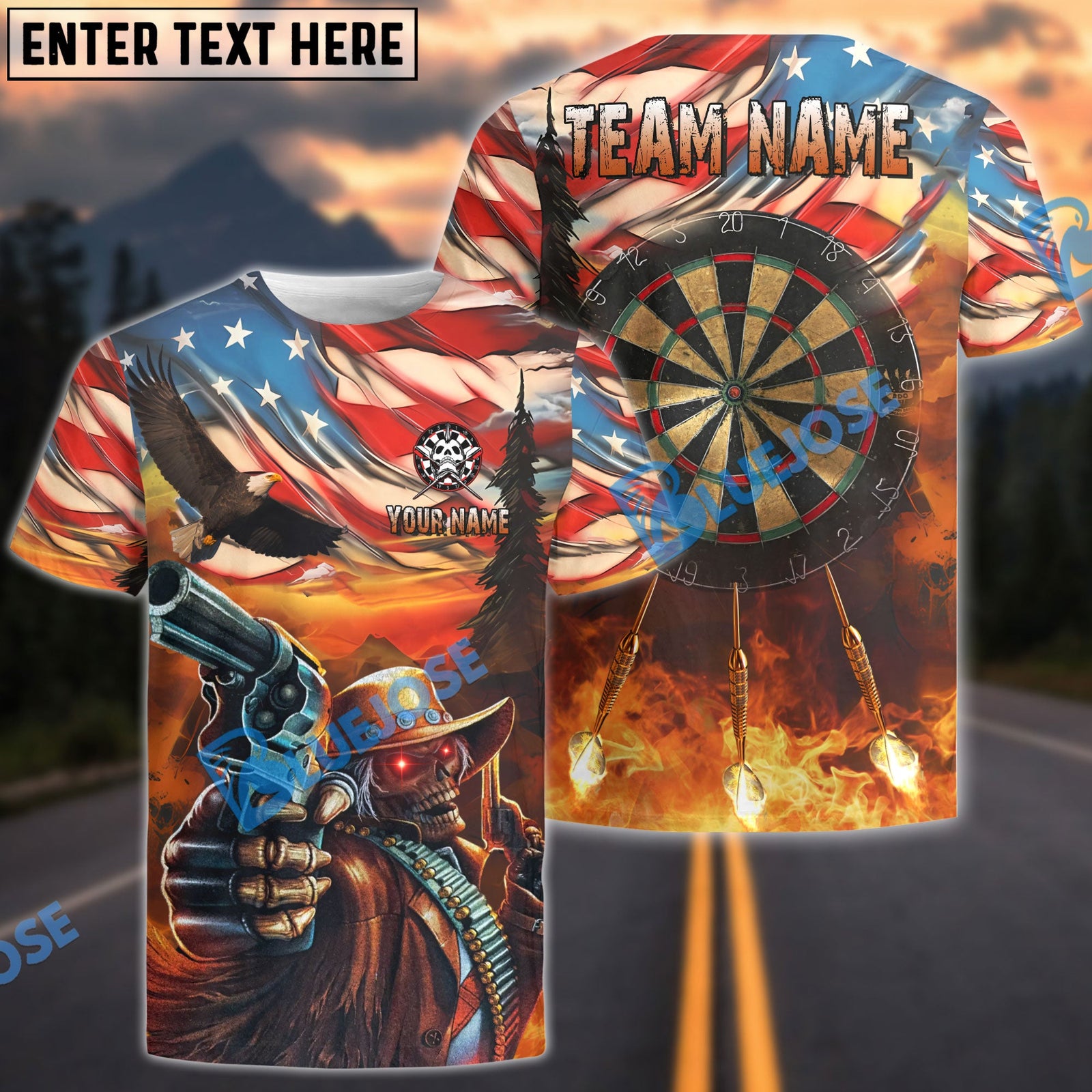 BlueJose Darts American West Cowboy Skull Personalized Name Shirt