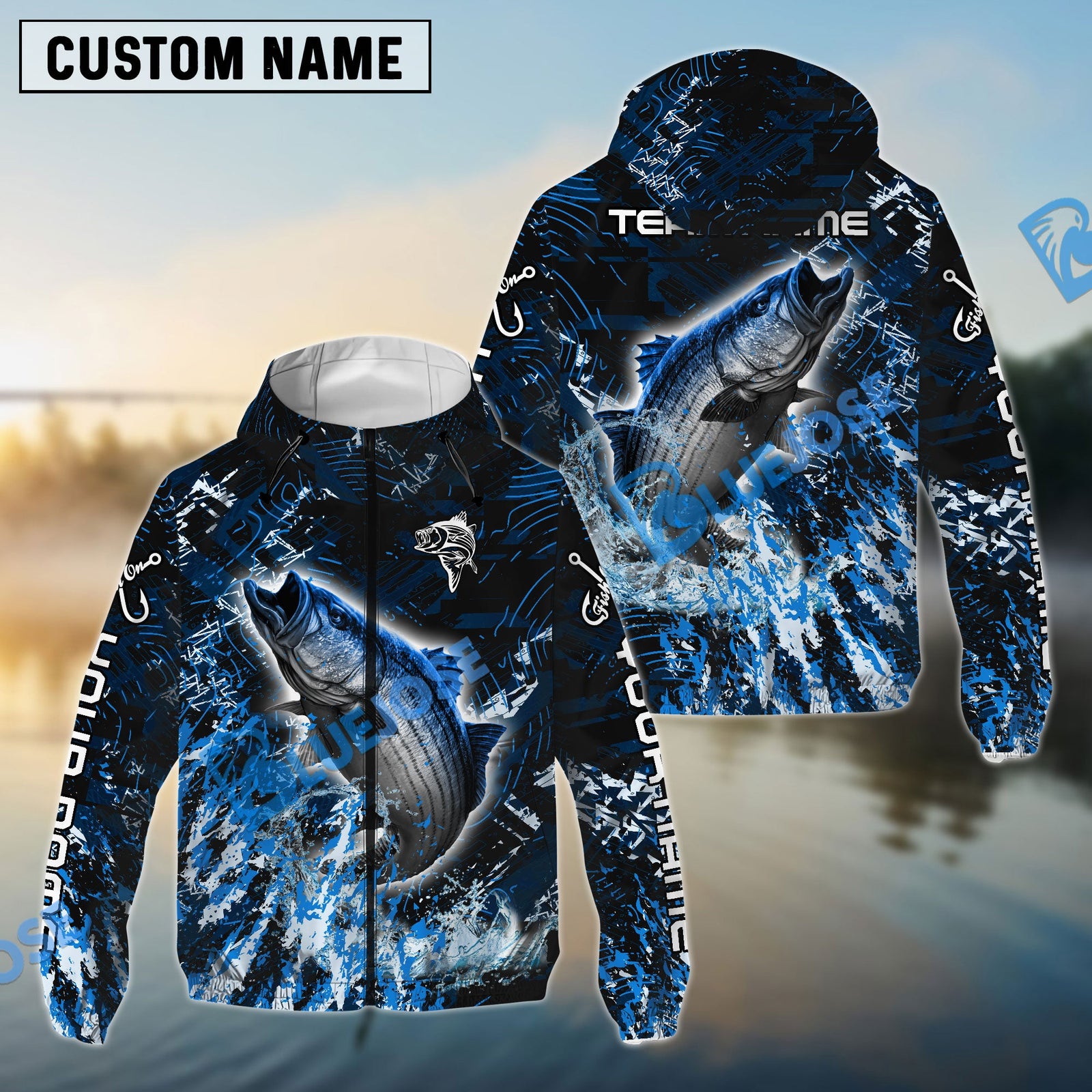 Bluejose Striped Bass Fishing Dark Grunge Blue Custom Name & Team Name 3D Shirts