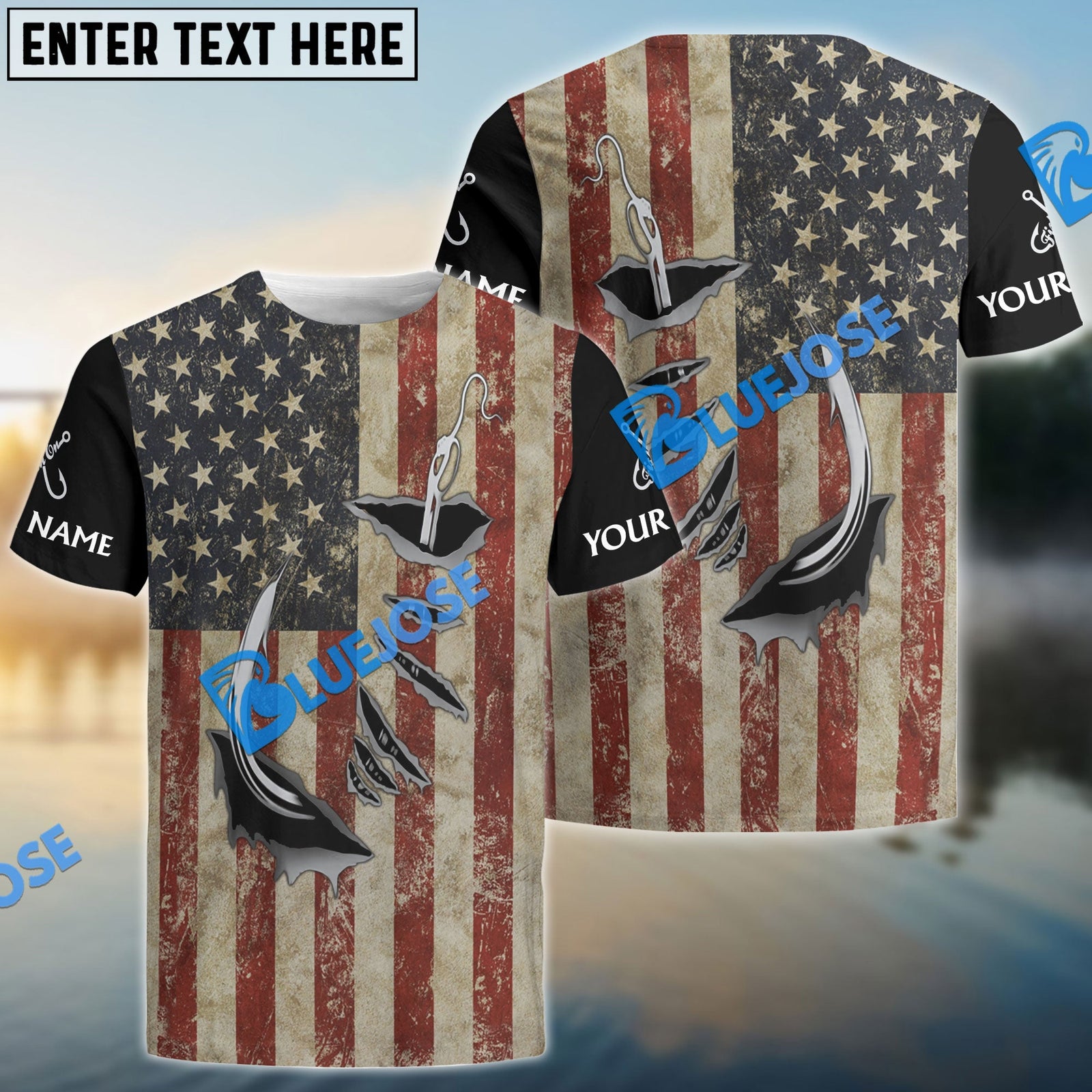 Bluejose Us Fishing 3D Fish Hook American Flag Patriotic Fish On Quick Dry Customize Name Long Sleeves Shirts
