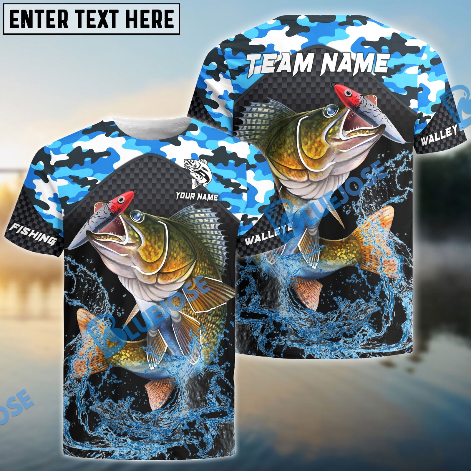 Bluejose Walleye Fishing Blue Camo Sport Custom Name & Team Name 3D Shirts