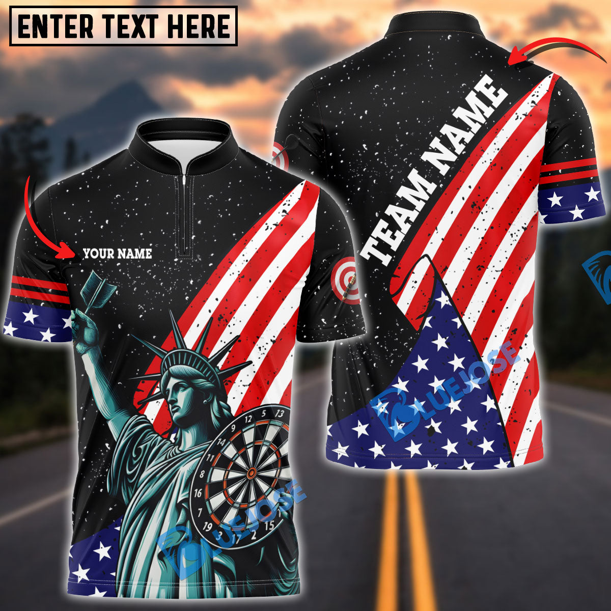 BlueJose Darts The Statue Of Liberty Black Personalized Name, Team Name Shirt