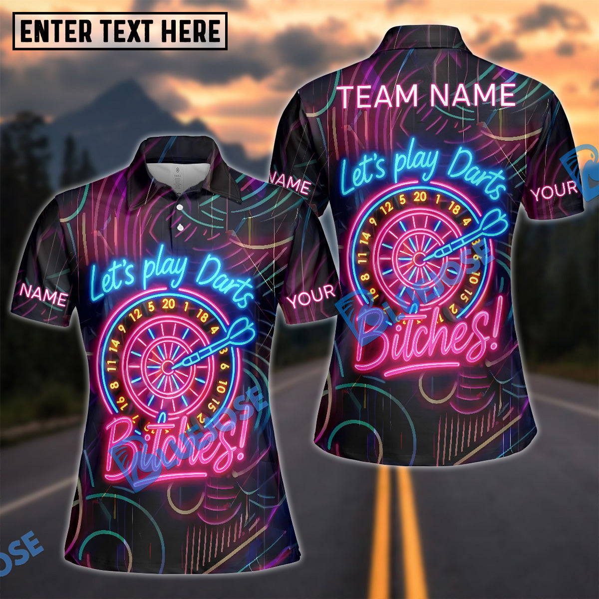 BlueJose Darts Let’s Play Darts Neon Attitude Style Personalized Name, Team Name Shirt