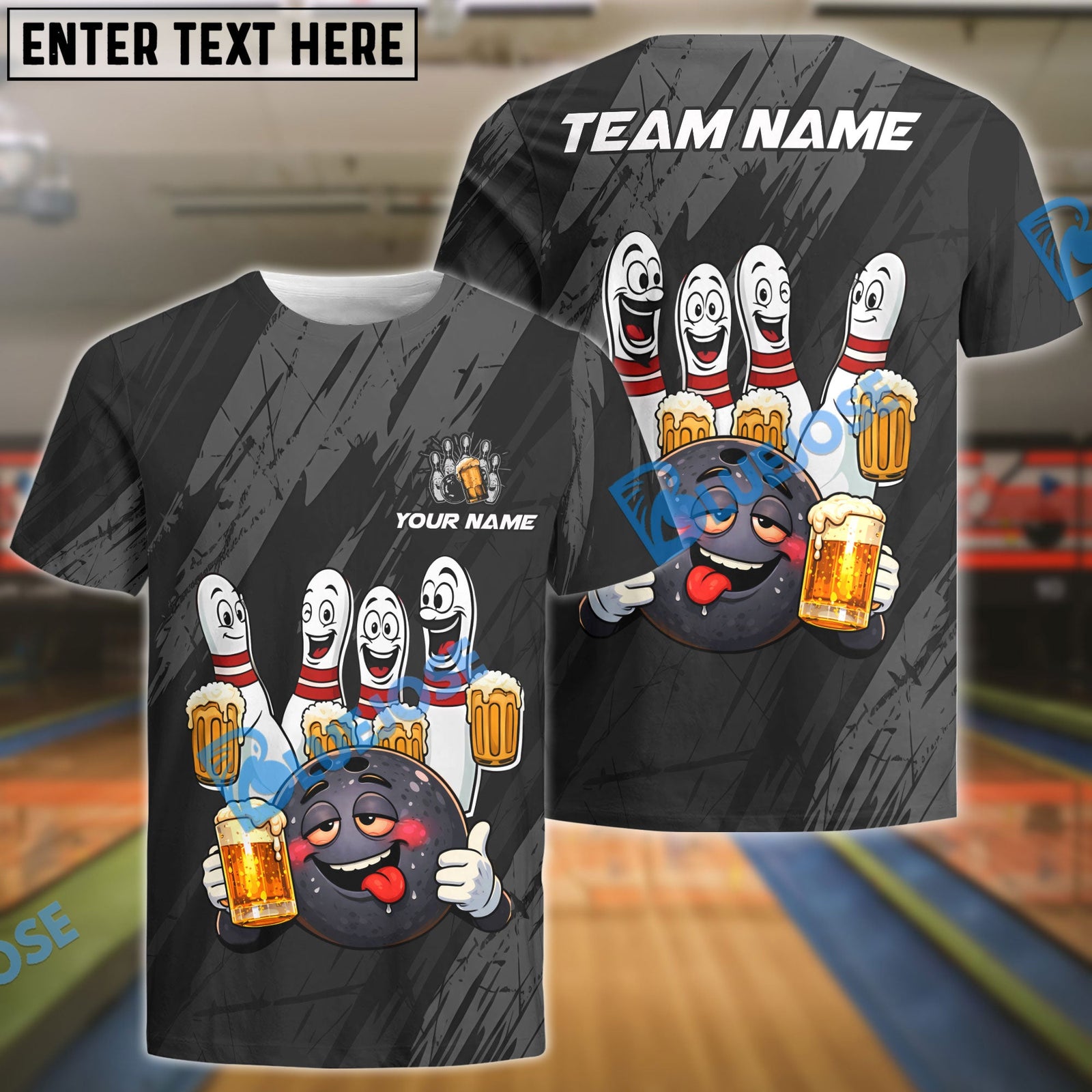 BlueJose Bowling & Pins Funny Beer Drunk Gang Customized Name, Team Name 3D Shirt (6 Colors)