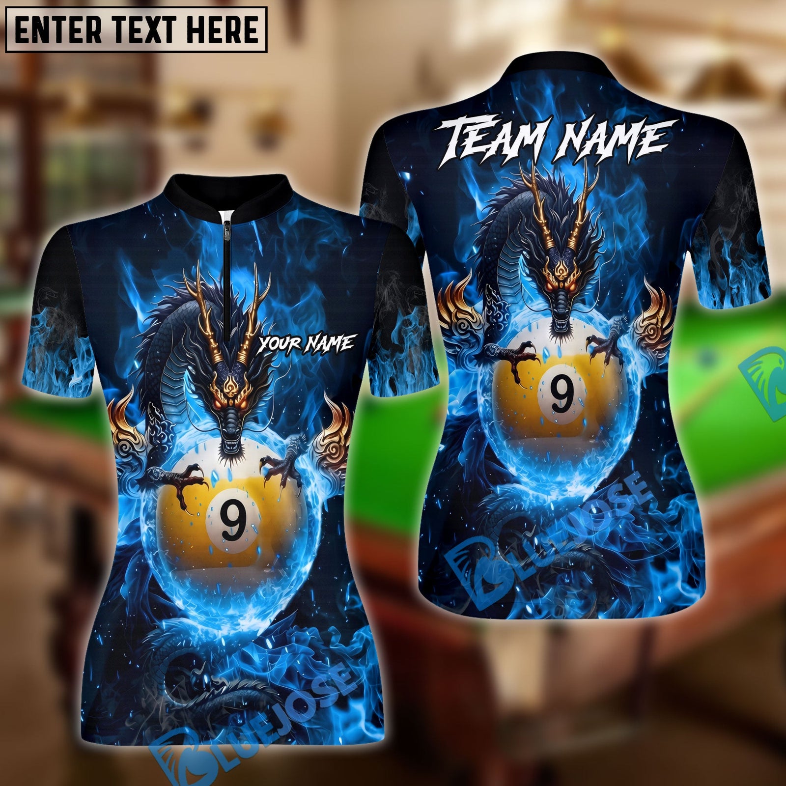 BlueJose Billiards Mystic Dragon Fire Ball 9 Customized Name, Team Name 3D Shirt (6 Colors)