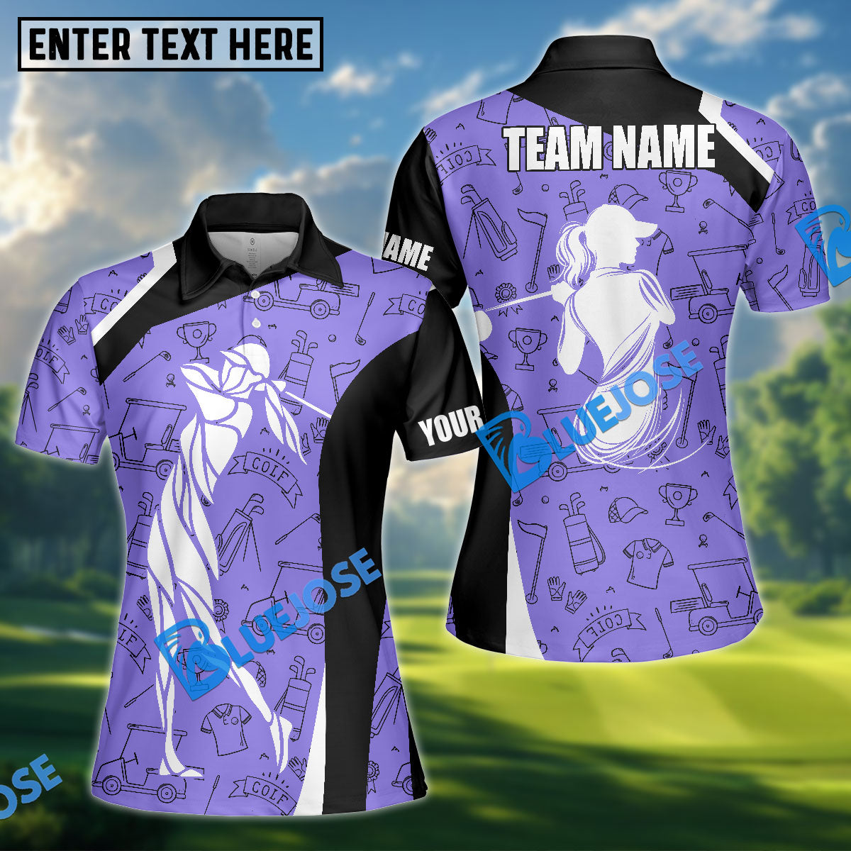 BlueJose Women’s Line Art Golf Polo Shirt, Ladies Golf Polo Shirt Personalized Name, Team Name 3D Shirt (4 Colors)