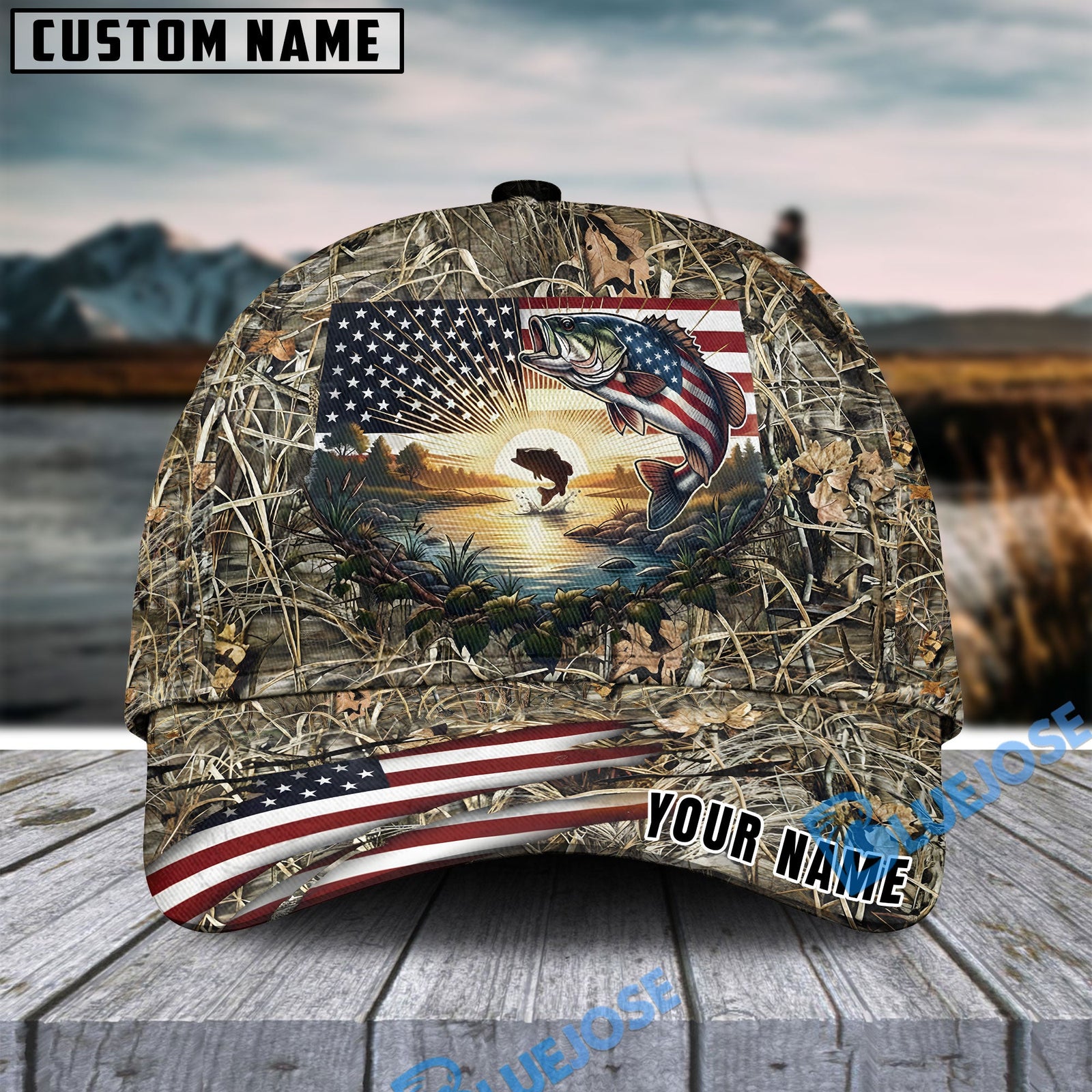 BlueJose Fishing American Flag Sunrise Farm Scene Camo Custom Name 3D Cap (12 Breeds)