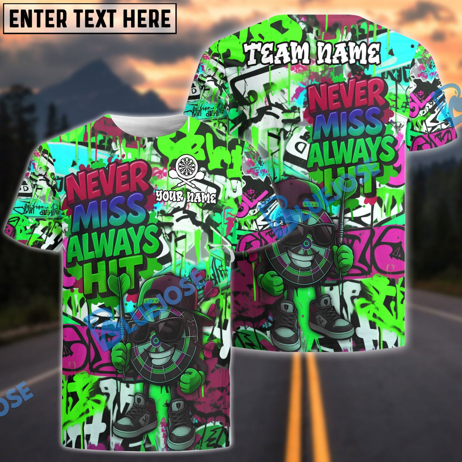 BlueJose Darts “Never Miss, Always Hit” Dartboard Street Personalized Name, Team Name Shirt (4 Colors)
