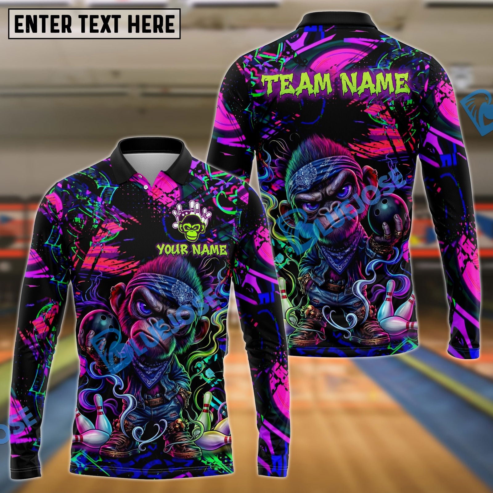 BlueJose Bowling And Pins Angry Monkey Neon Graffiti Customized Name, Team Name 3D Shirt