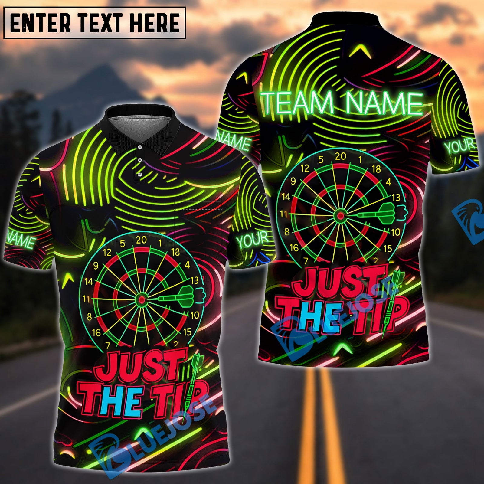 BlueJose Just the Tip Funny Darts Neon Style Personalized Name, Team Name Shirt