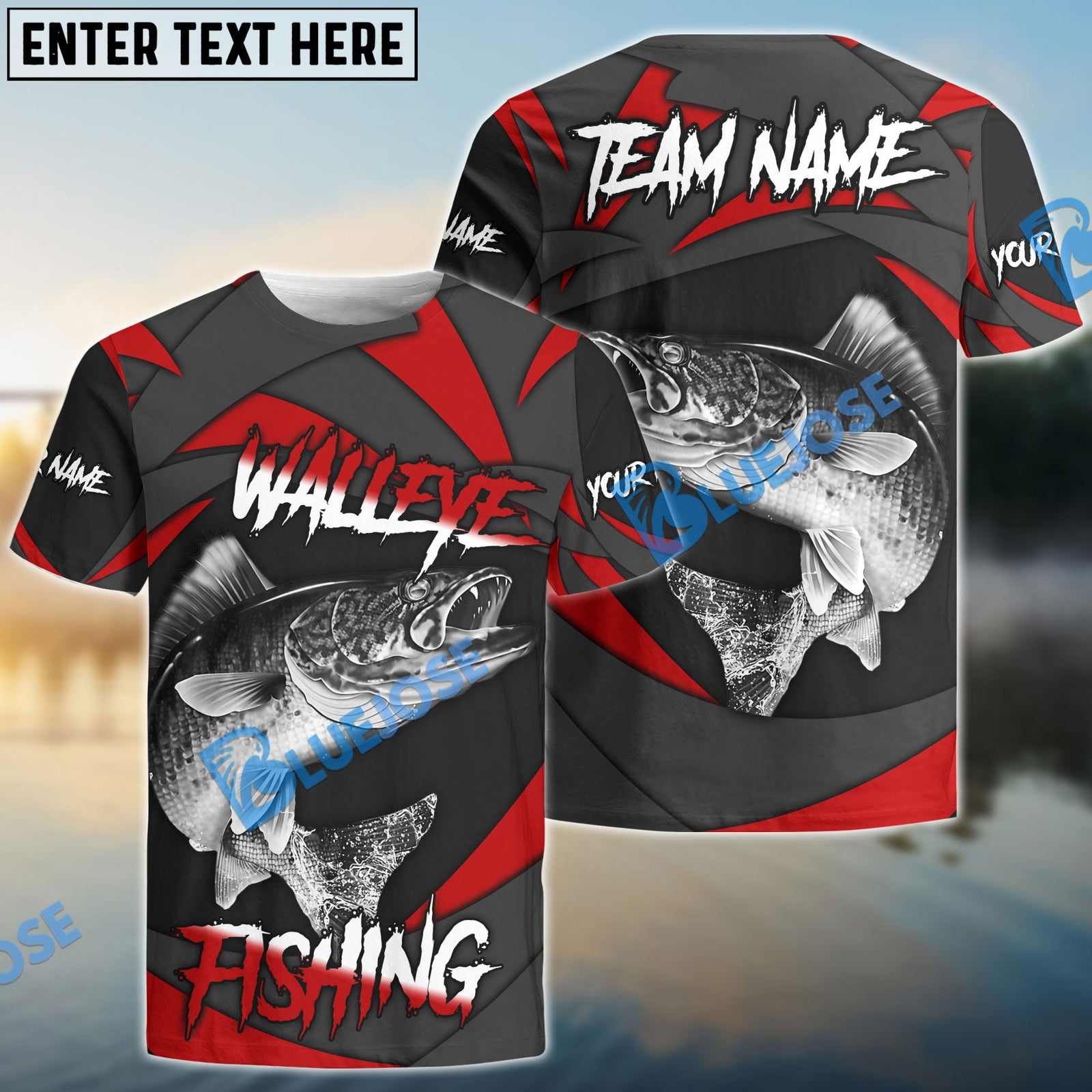 Bluejose Walleye Fishing Red Gray Spinning Pattern Custom Name & Team Name 3D Shirts
