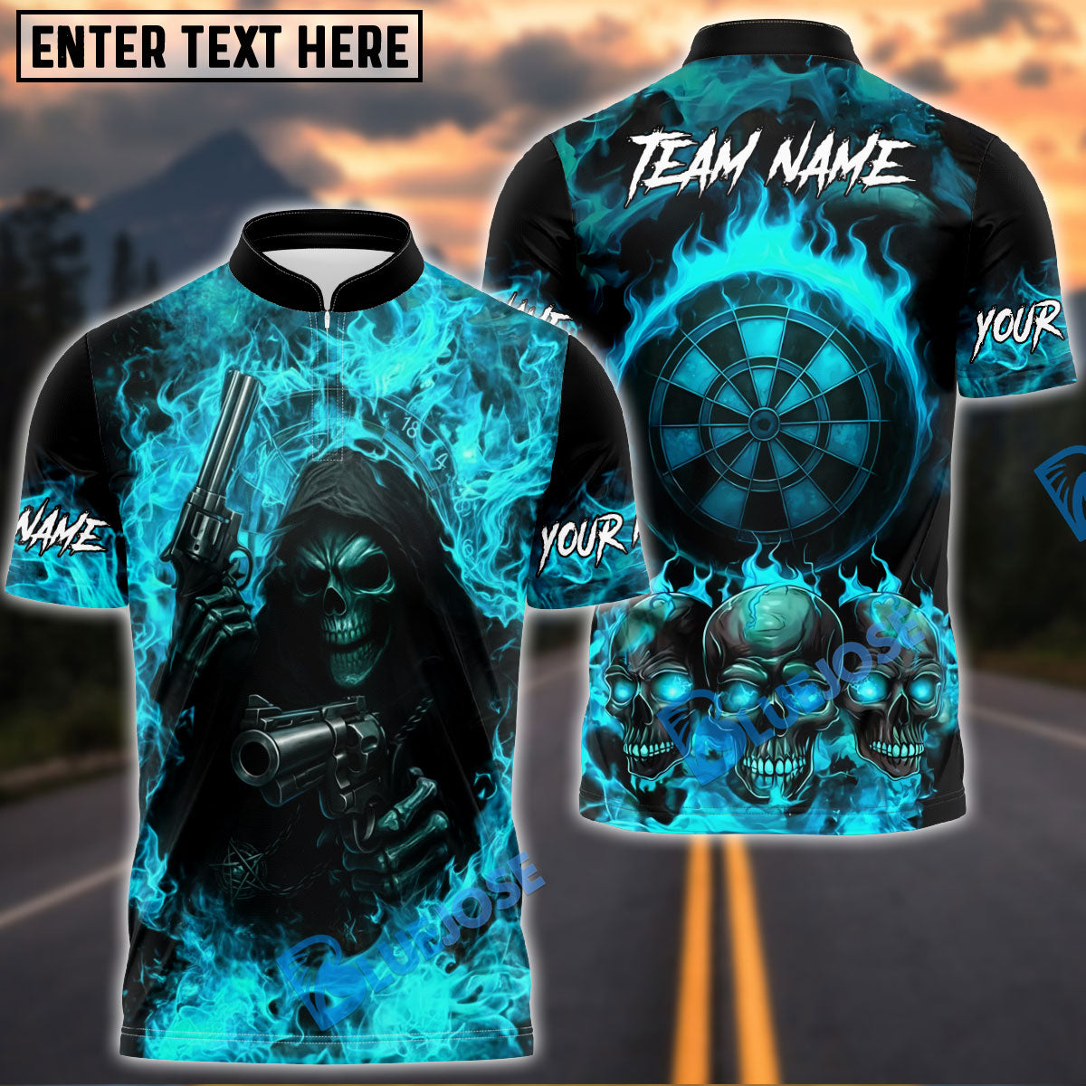 BlueJose Darts Flaming Skull Reaper And Gun Personalized Name, Team Name Unisex Shirt (4 Colors)