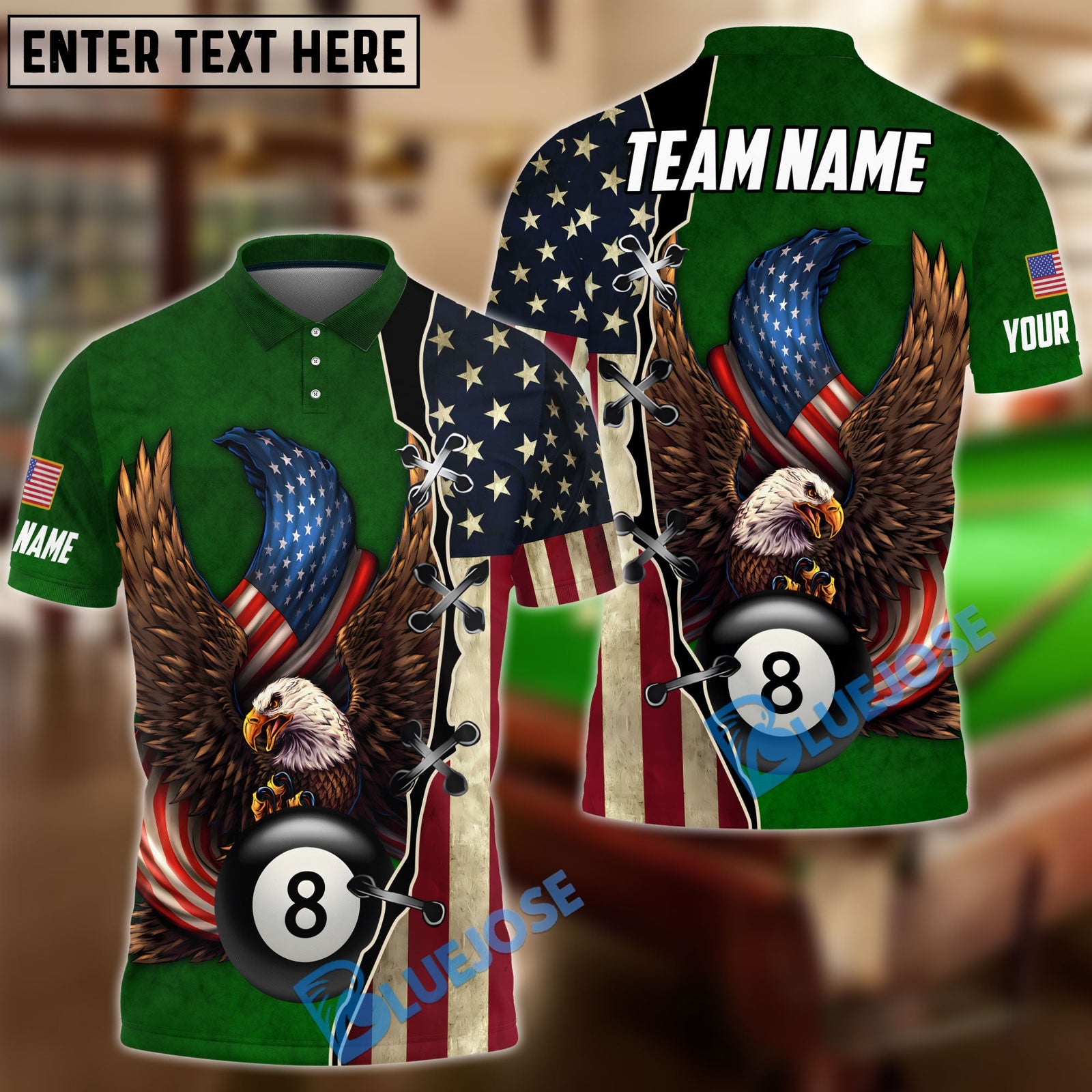 BlueJose Billiards 8 Ball American Eagle Flag Crack Personalized Name, Team Name Shirt (4 Colors)