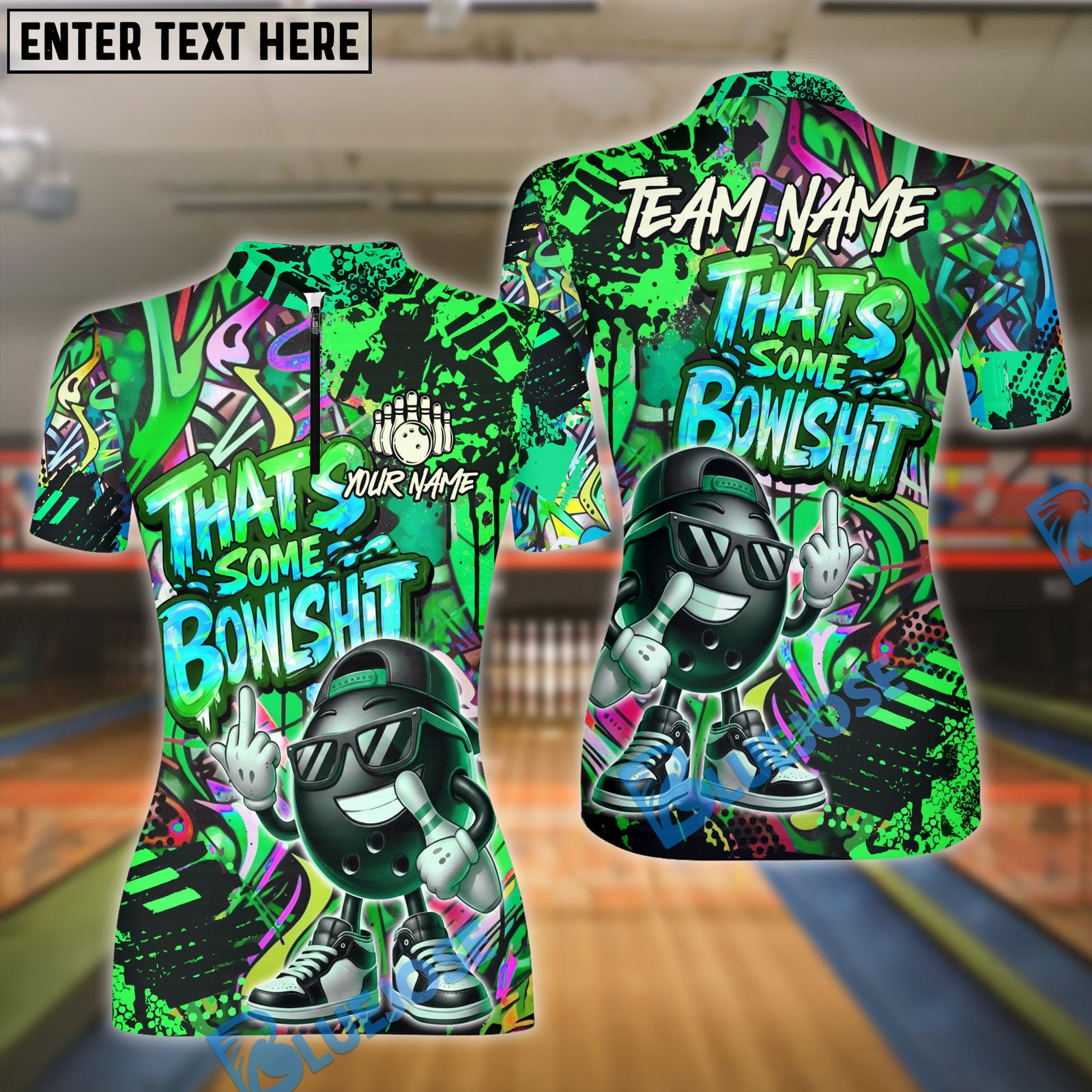 BlueJose Bowling & Pins Funny Graffiti Cool Cartoon Street Art Design That's Some Bowlshit Customized Name, Team Name 3D Shirt (4 Colors)