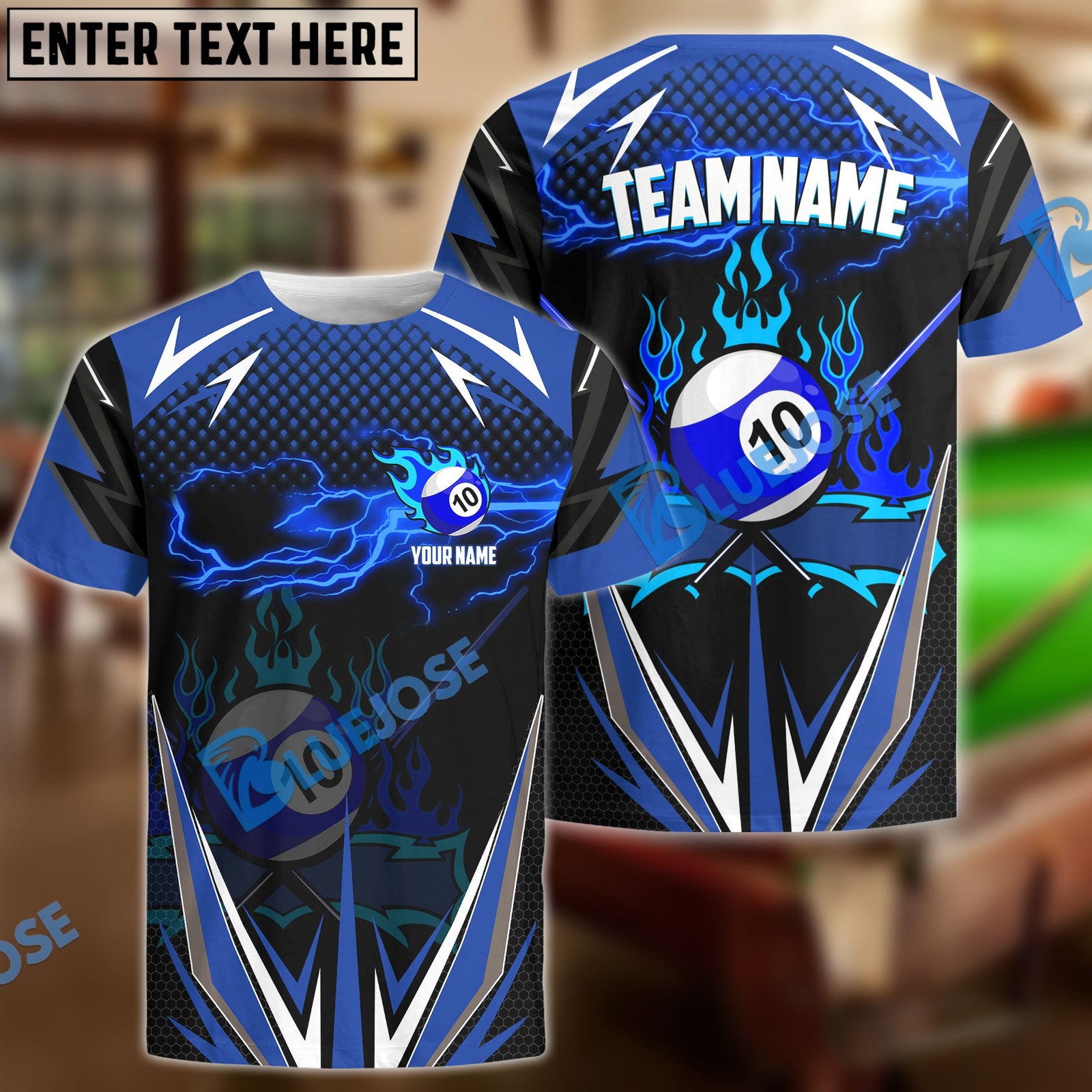 BlueJose Billiards Ball 10 Blue Fire Personalized Name, Team Name Unisex Shirt