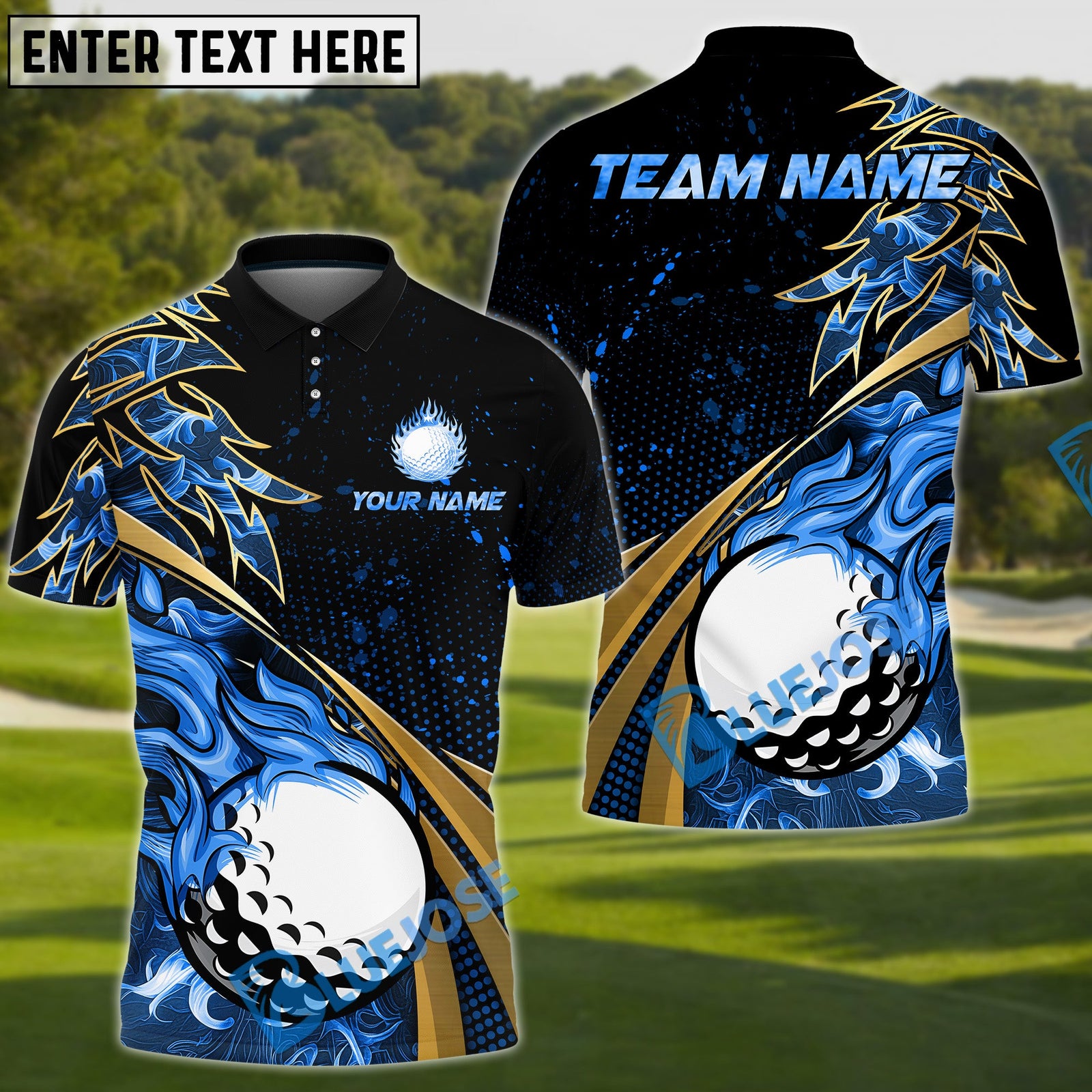 BlueJose Golf Fire Golden Line Premium Multicolor Option Customized Name, Team Name 3D Polo Shirt (6 Colors)