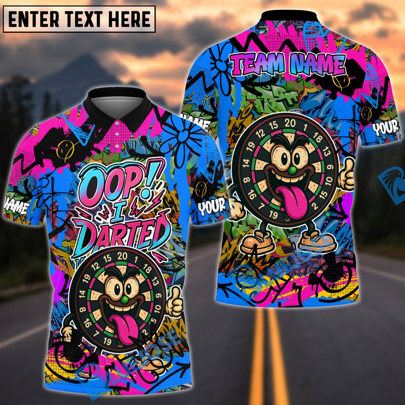 BlueJose Darts Funny Graffiti Oop! I Darted Multicolor Options Personalized Name Shirt (4 Colors)