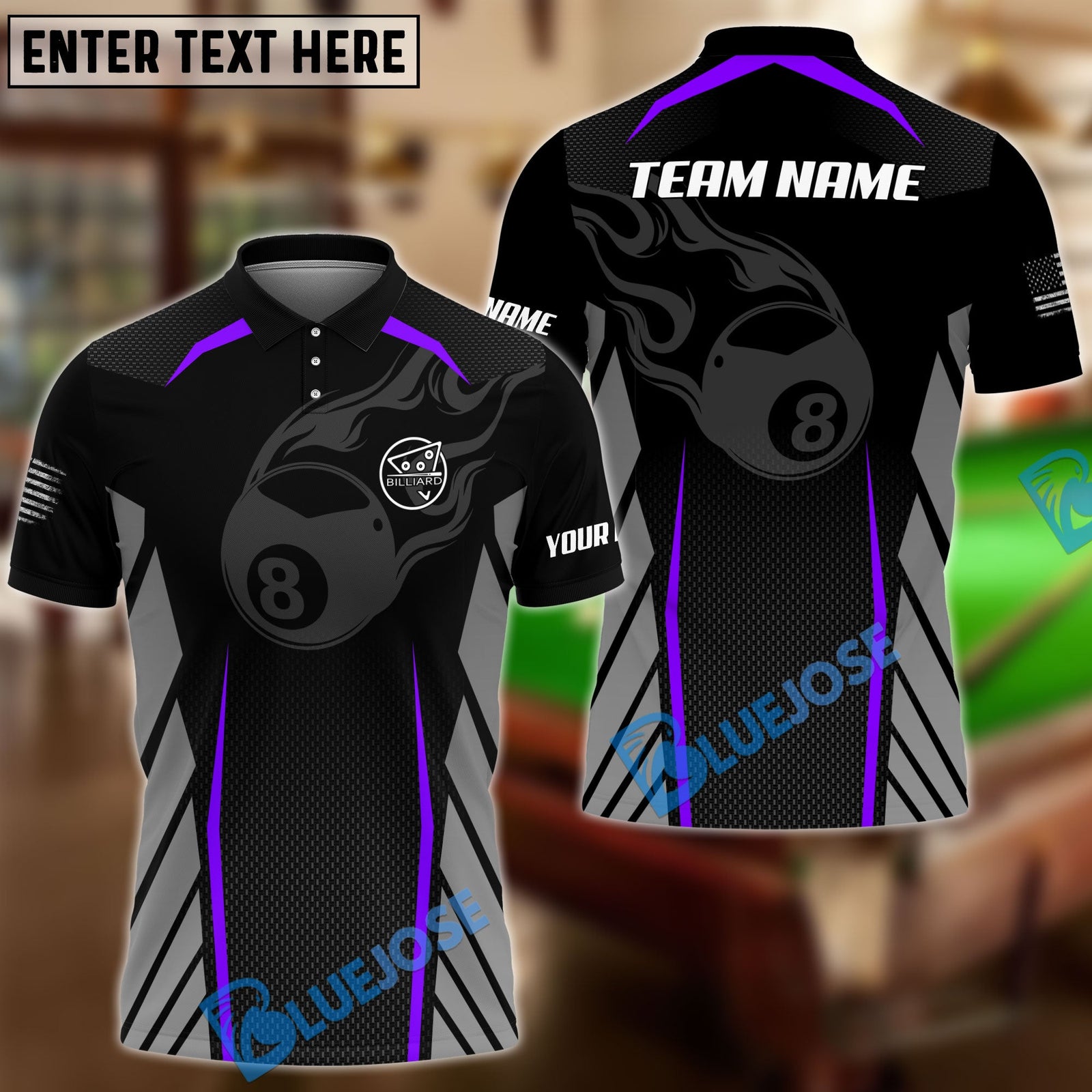 BlueJose Flame 8 Ball Billiards Personalized Name Shirt for Team (6 Colors)