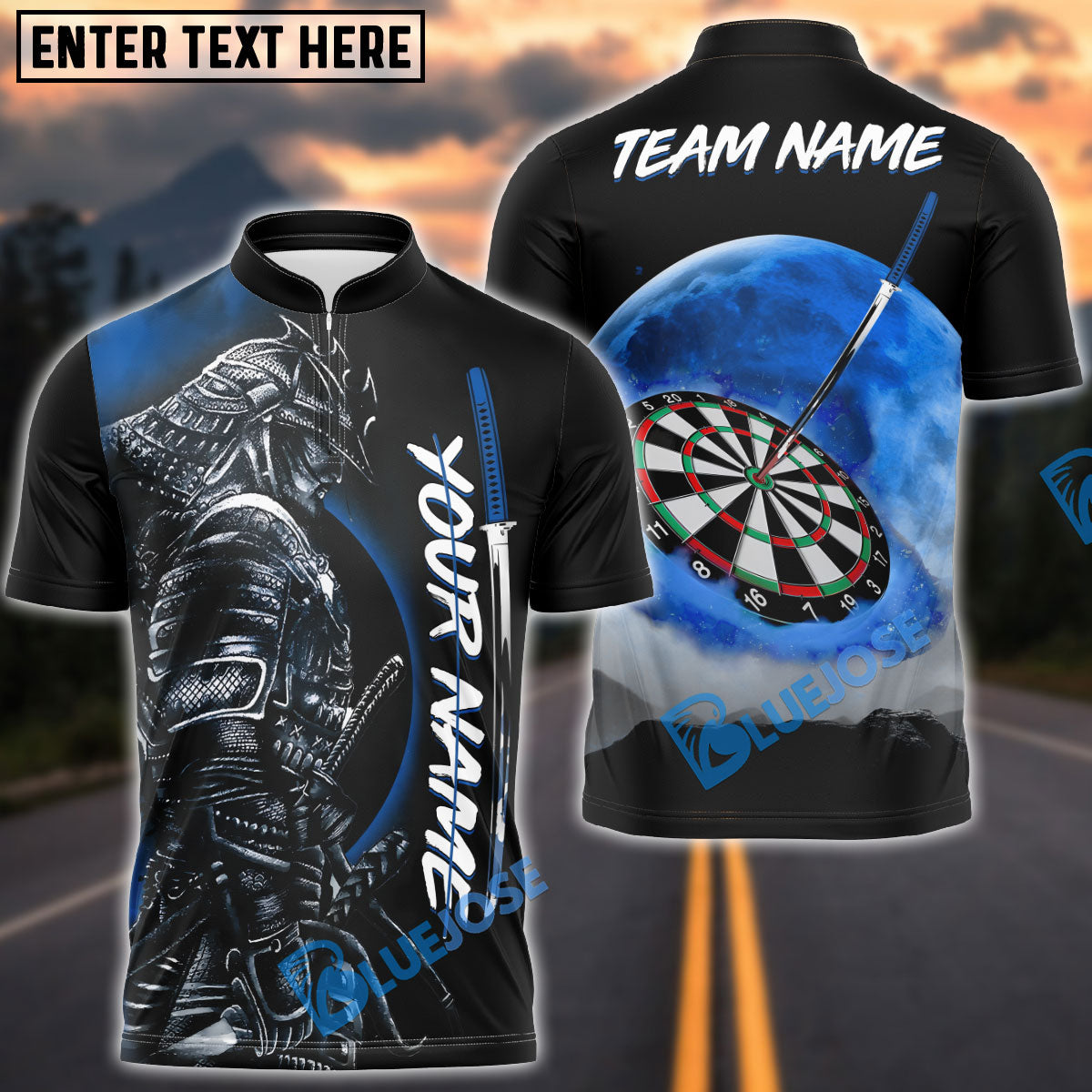 BlueJose Darts Moon Samurai Personalized Name, Team Name Shirt (4 Colors)
