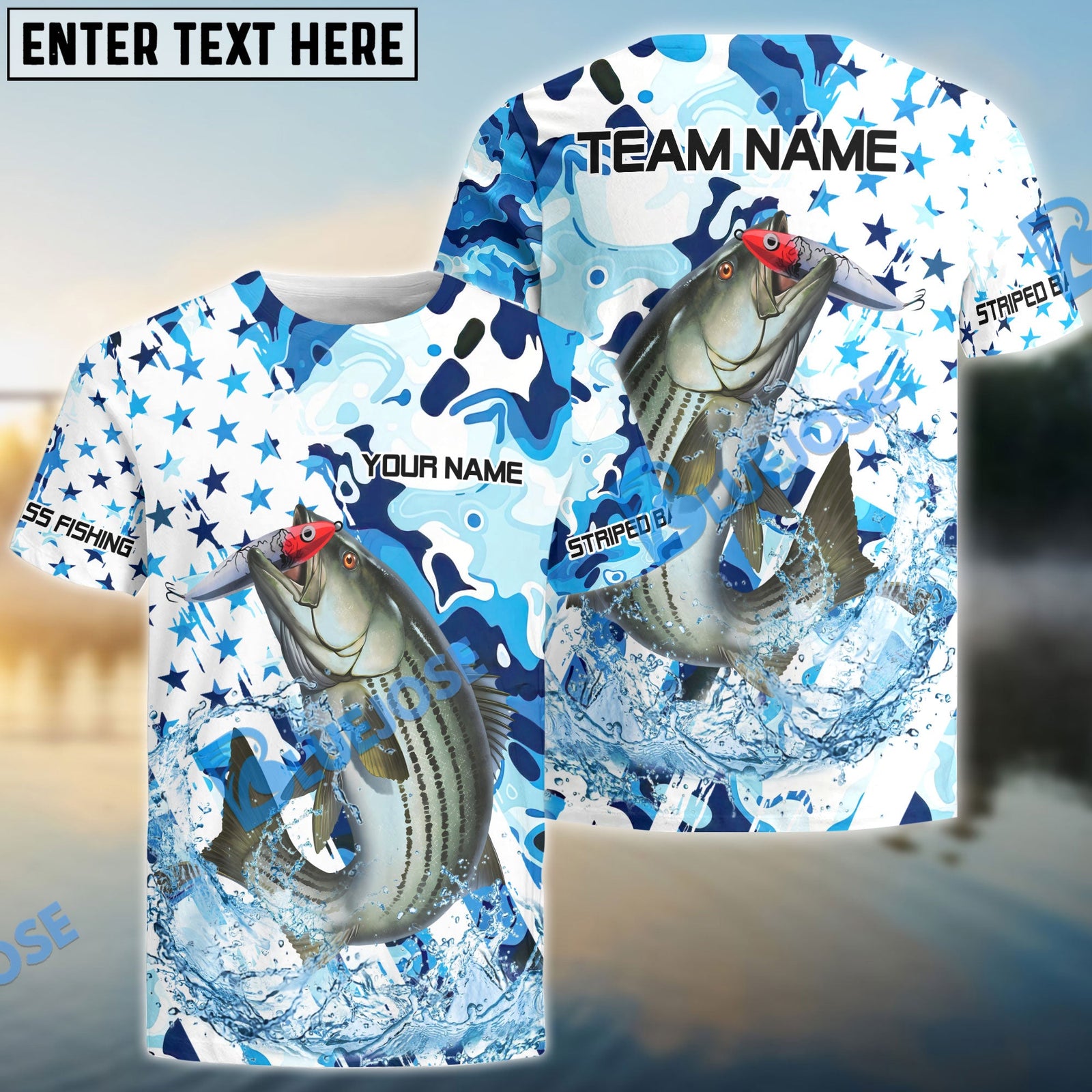 Bluejose Striped Bass Fishing Blue White American Flag Custom Name & Team Name 3D Shirts