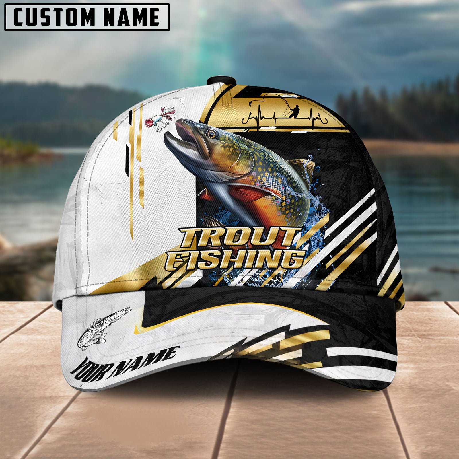 BlueJose Fishing Hook Graphic & Jumping Fish Art Personalized Cap (Tuna, Marlin, Mahi-Mahi, Pike, Bass, Walleye, Trout, Crappie)