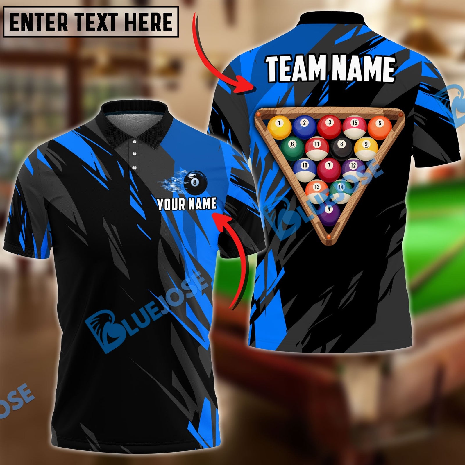 BlueJose Billiards Ball 8 Victory Rack Personalized Name, Team Name Unisex Shirt (6 Colors)
