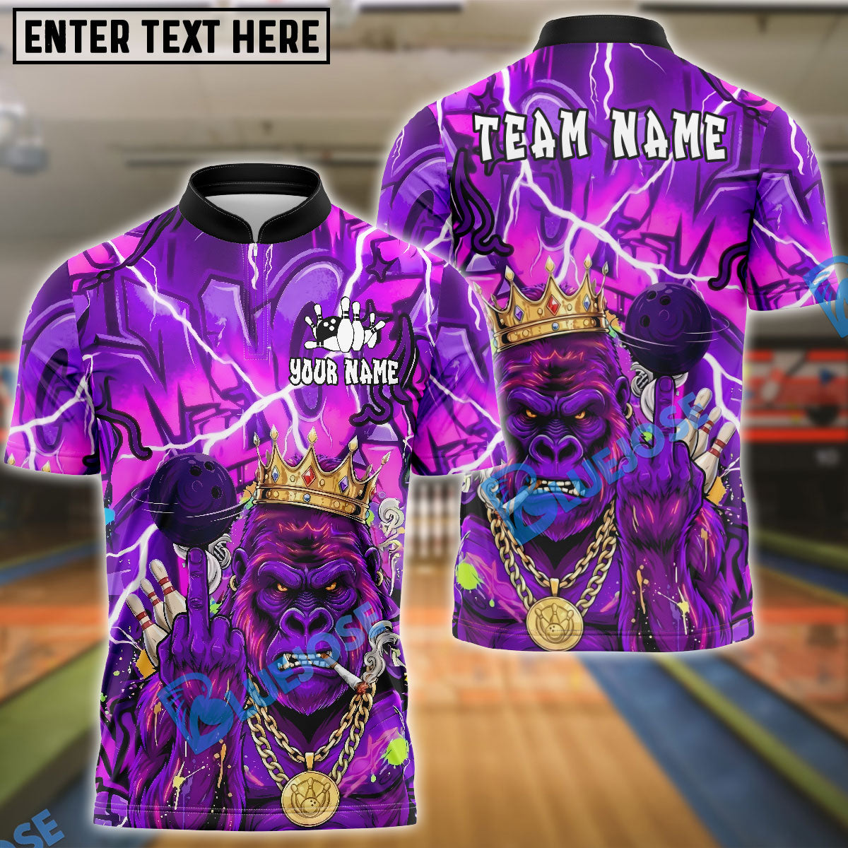 BlueJose Bowling & Pins Gorilla King Graffiti Lightning Customized Name, Team Name 3D Shirt (4 Colors)
