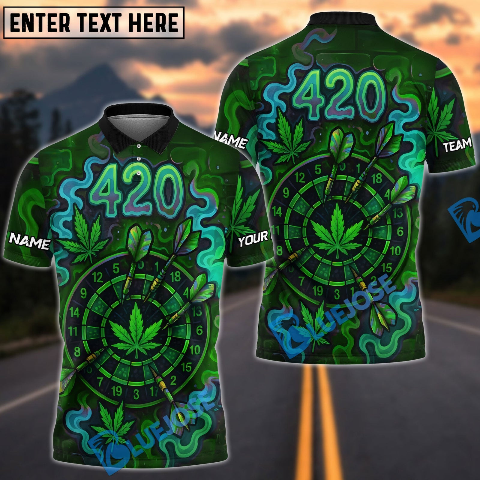 BlueJose Darts 420 Neon Cannabis Dartboard Glow Personalized Name, Team Name Unisex Shirt (4 Colors)