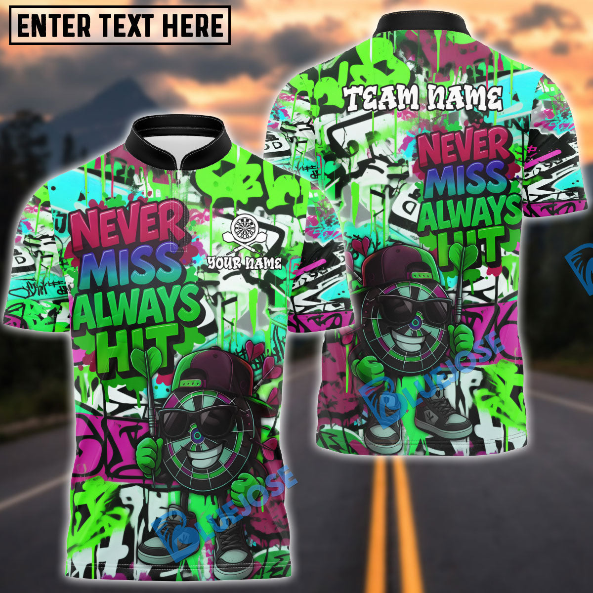 BlueJose Darts “Never Miss, Always Hit” Dartboard Street Personalized Name, Team Name Shirt (4 Colors)