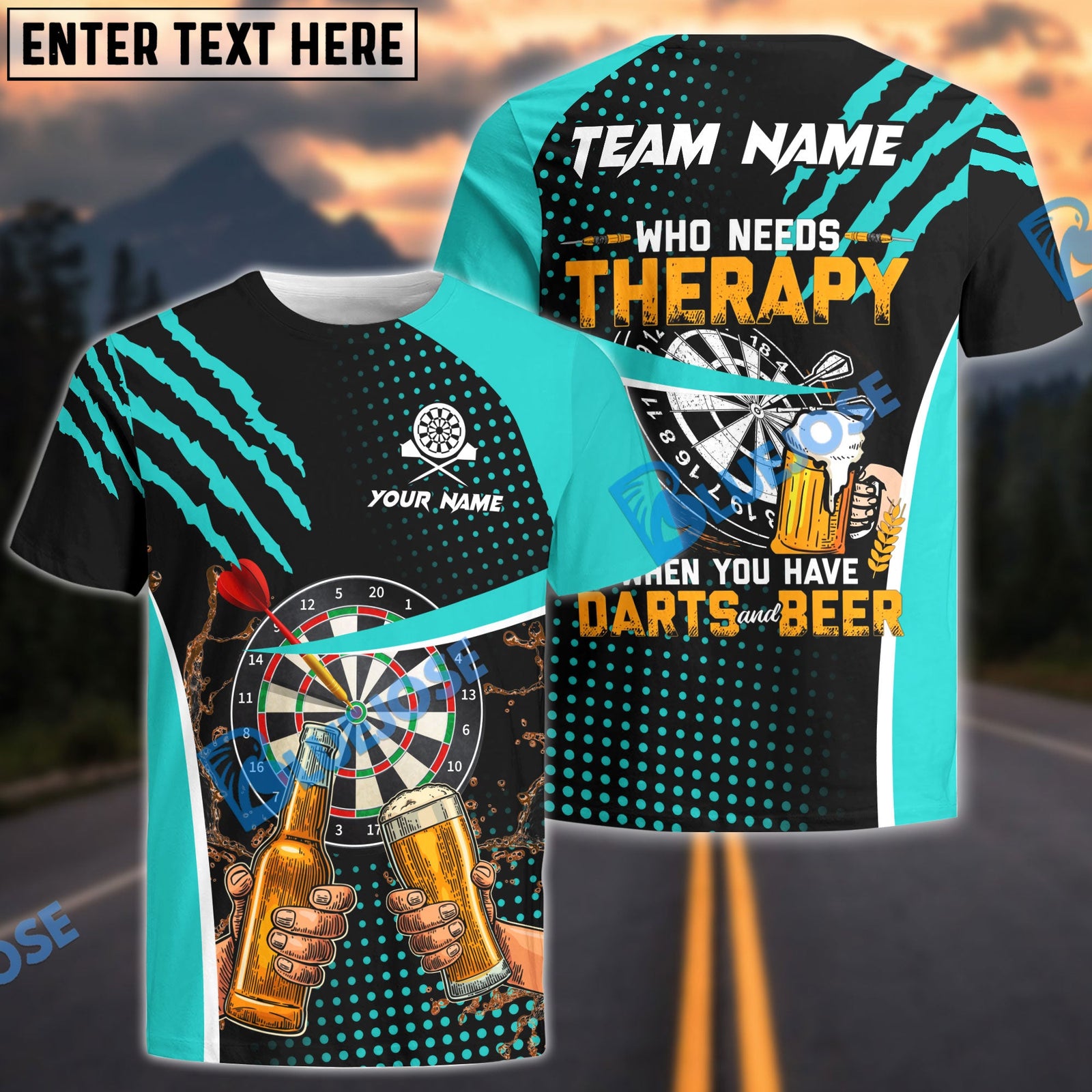 BlueJose Darts And Beer Therapy Personalized Name, Team Name Shirt (4 Colors)