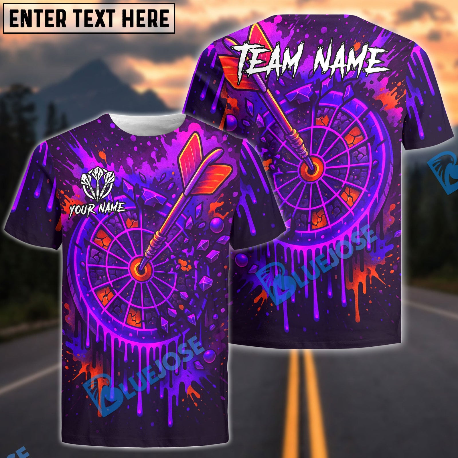BlueJose Darts Neon Graffiti Dartboard Splash Personalized Name, Team Name Unisex Shirt (4 Colors)