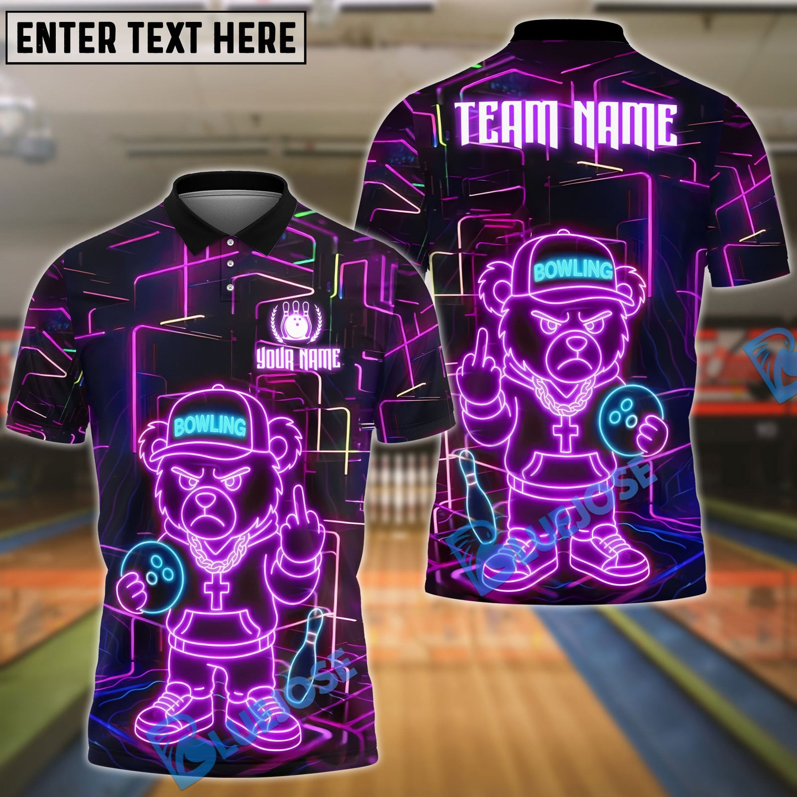 BlueJose Bowling And Pins Bear Crossed Arms Neon Customized Name, Team Name 3D Shirt (4 Colors)