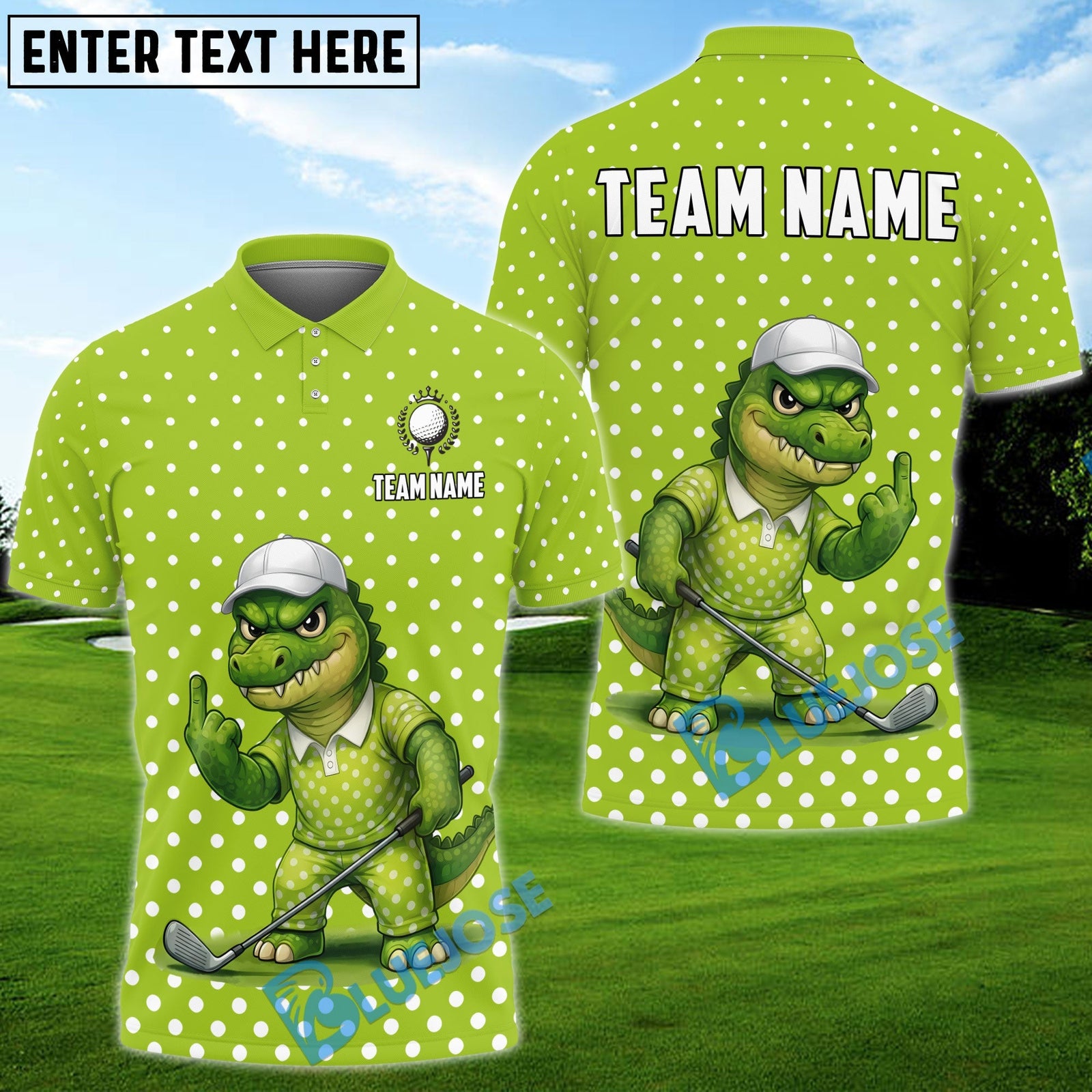 BlueJose Golf Funny Alligator Polka Dot Cartoon Personalized Name, Team Name 3D Shirt (4 Colors)