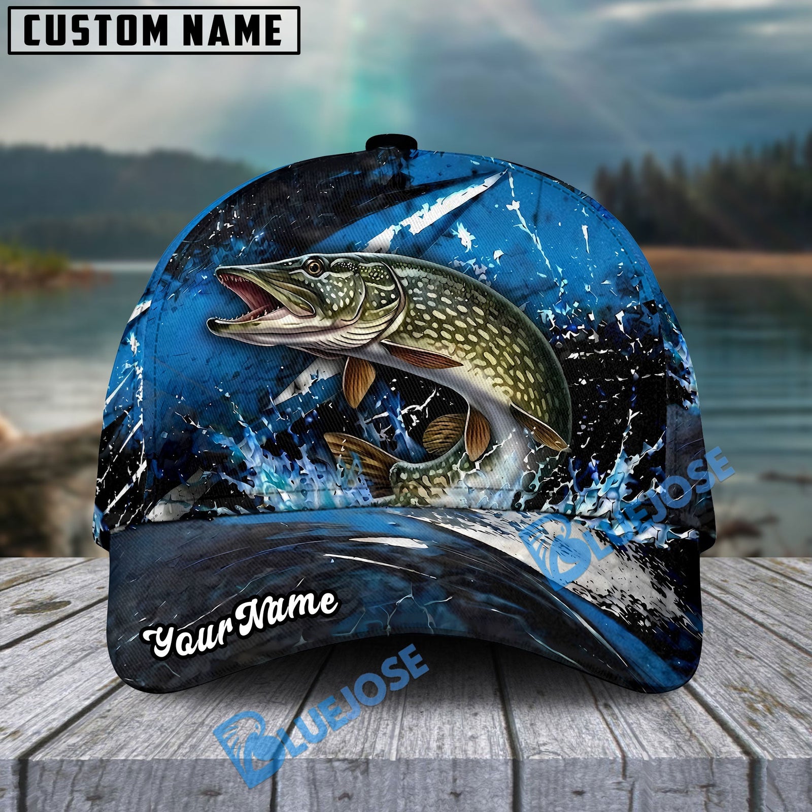BlueJose Fishing Blue Lightning Water Splash Personalized Name Classic 3D Cap Personalized Cap (13 Breeds)
