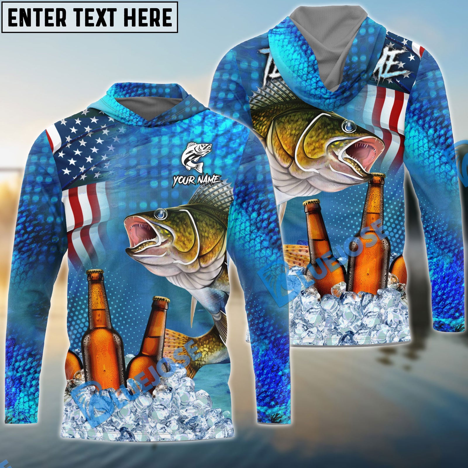 Bluejose Walleye Fishing Beer USA Flag Custom Name & Team Name Shirts